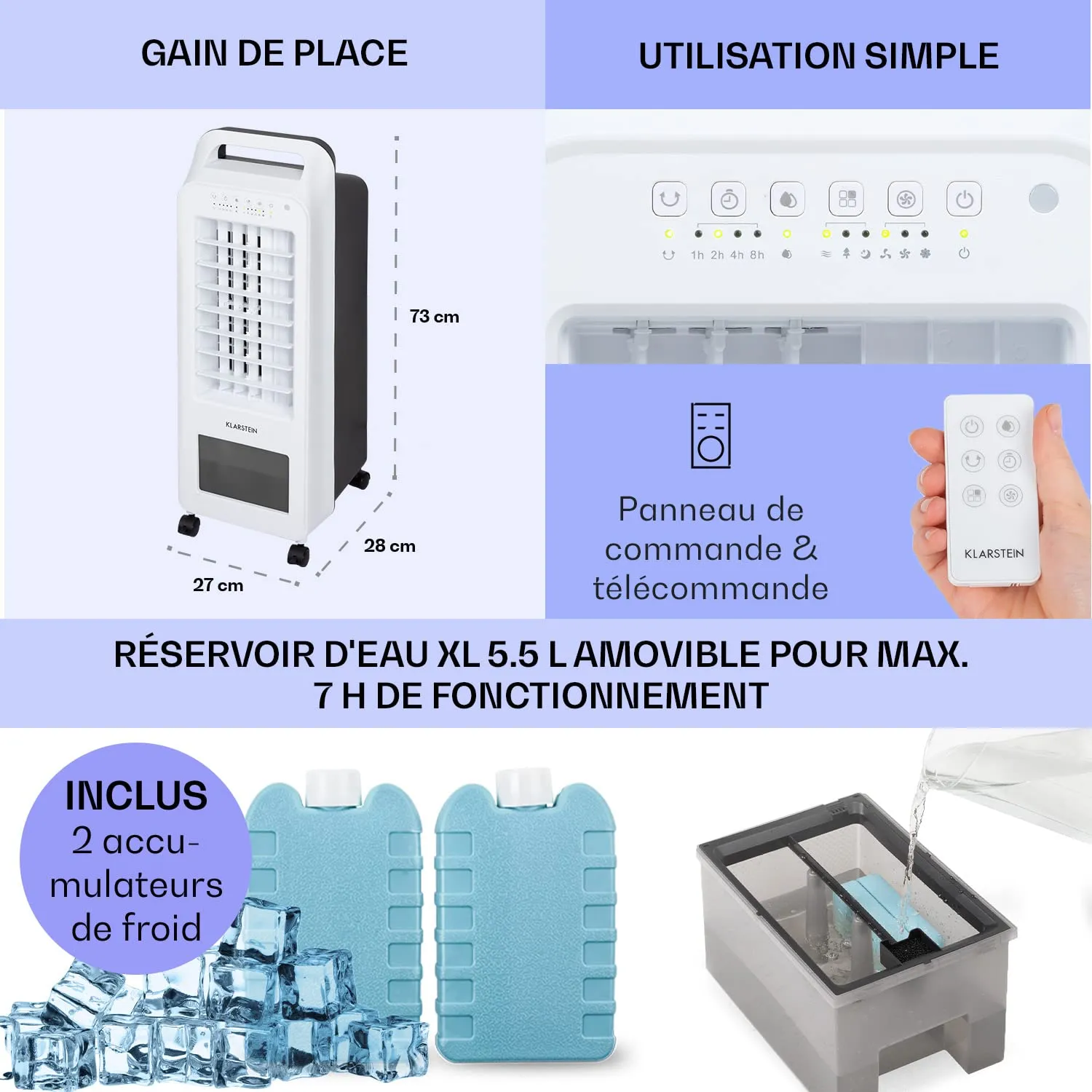Klarstein rafraîchisseur d'air 4 en 1 5,5 L 45 W