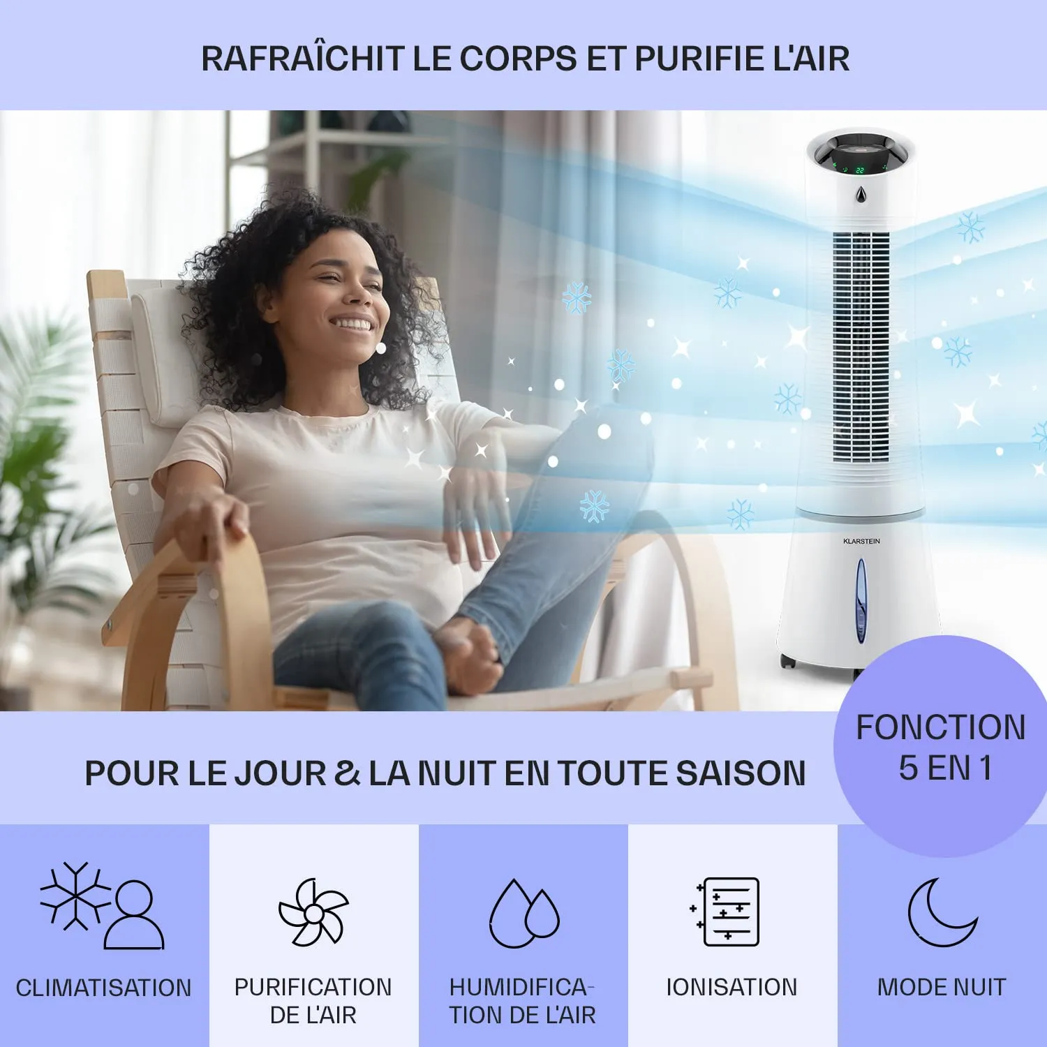 Klarstein rafraîchisseur d’air 5 en 1 45 W 180 m³/h