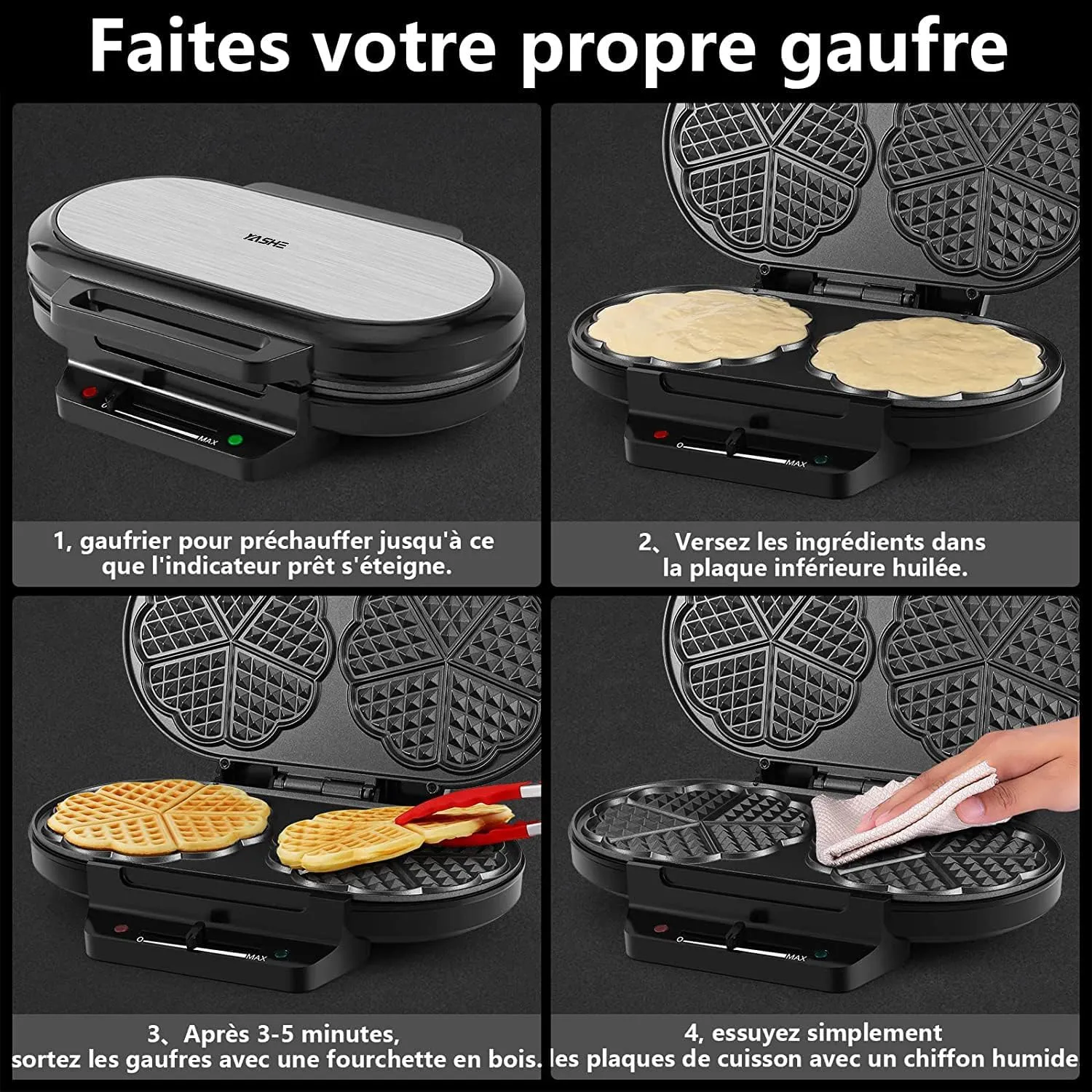 YASHE Machine à Gaufre Cœur 10 Pièces 1200W Antiadhésif