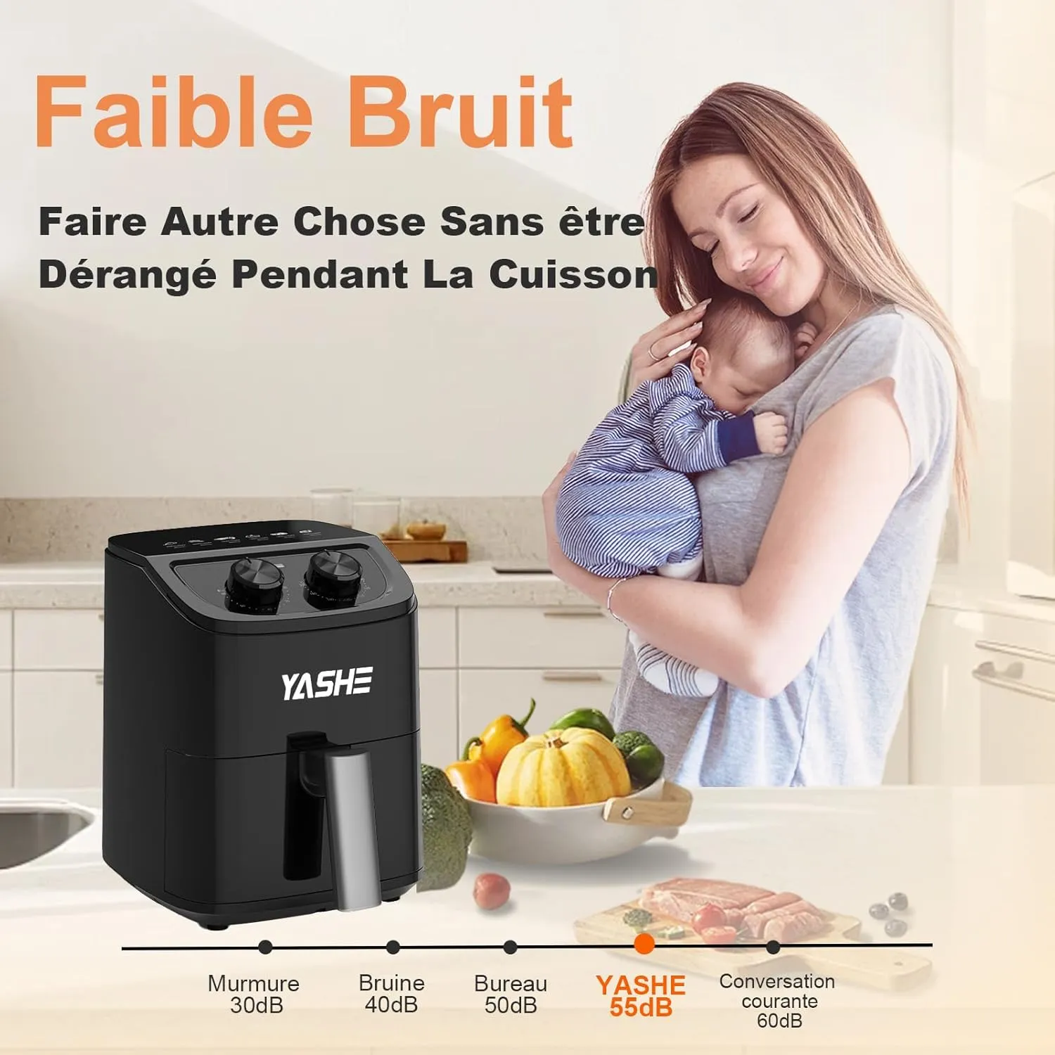 YASHE air fryer compact 2,3 L sans huile inox 1-2 pers.
