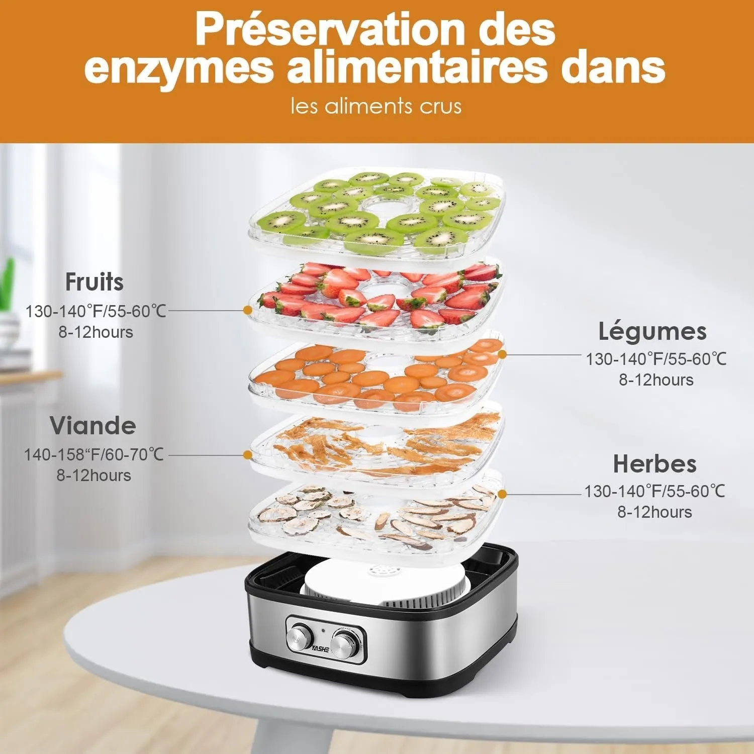 YASHE Déshydrateur Alimentaire 5 Plateaux 35-70°C
