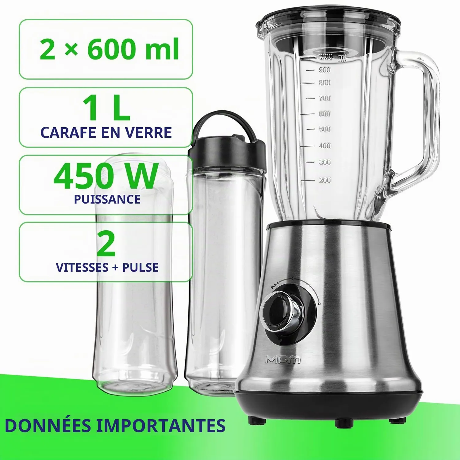 MPM MBL-15M blender smoothie 1 L + 2 x 0,6 L