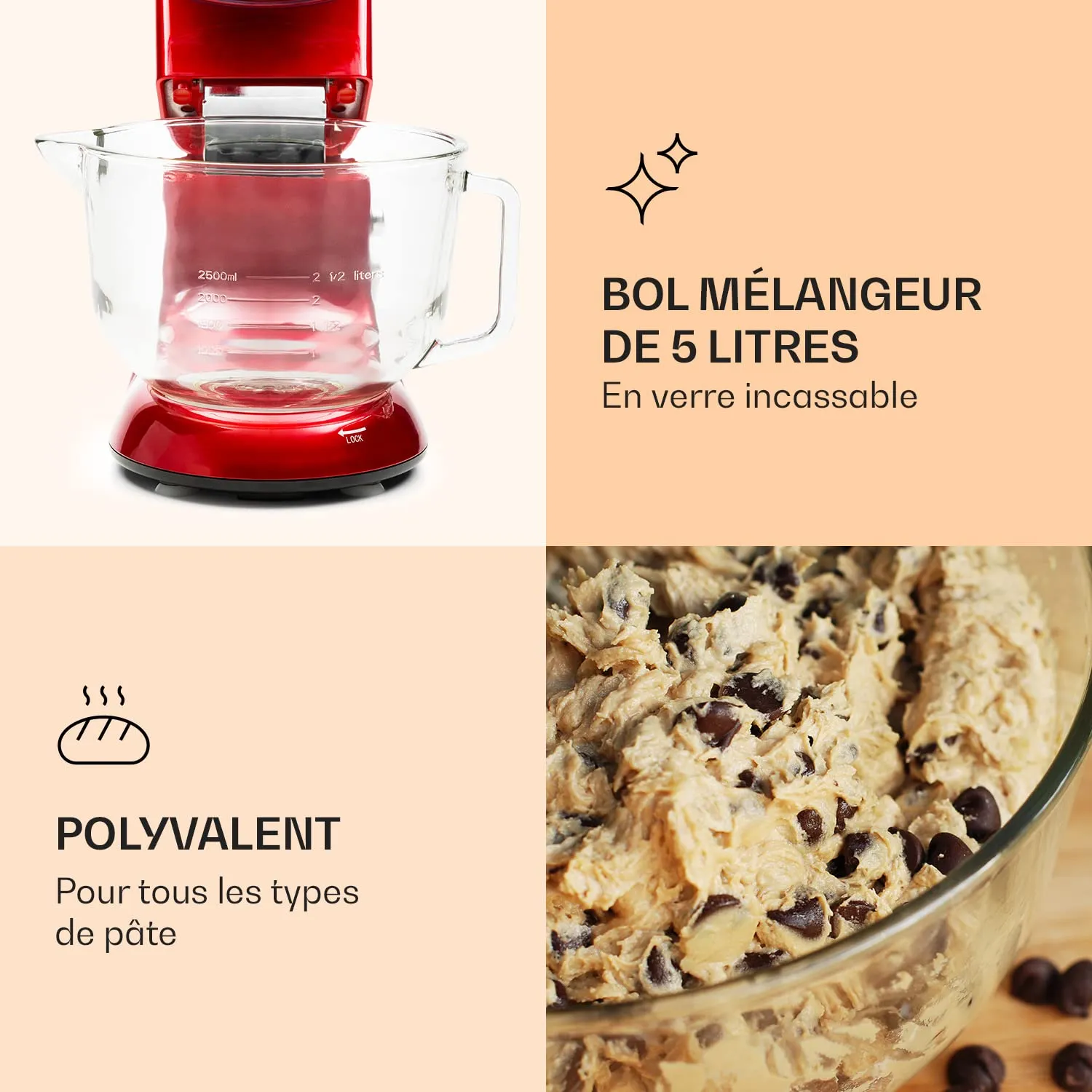 Klarstein robot pâtissier 5L 2000W rouge mouvement planétaire