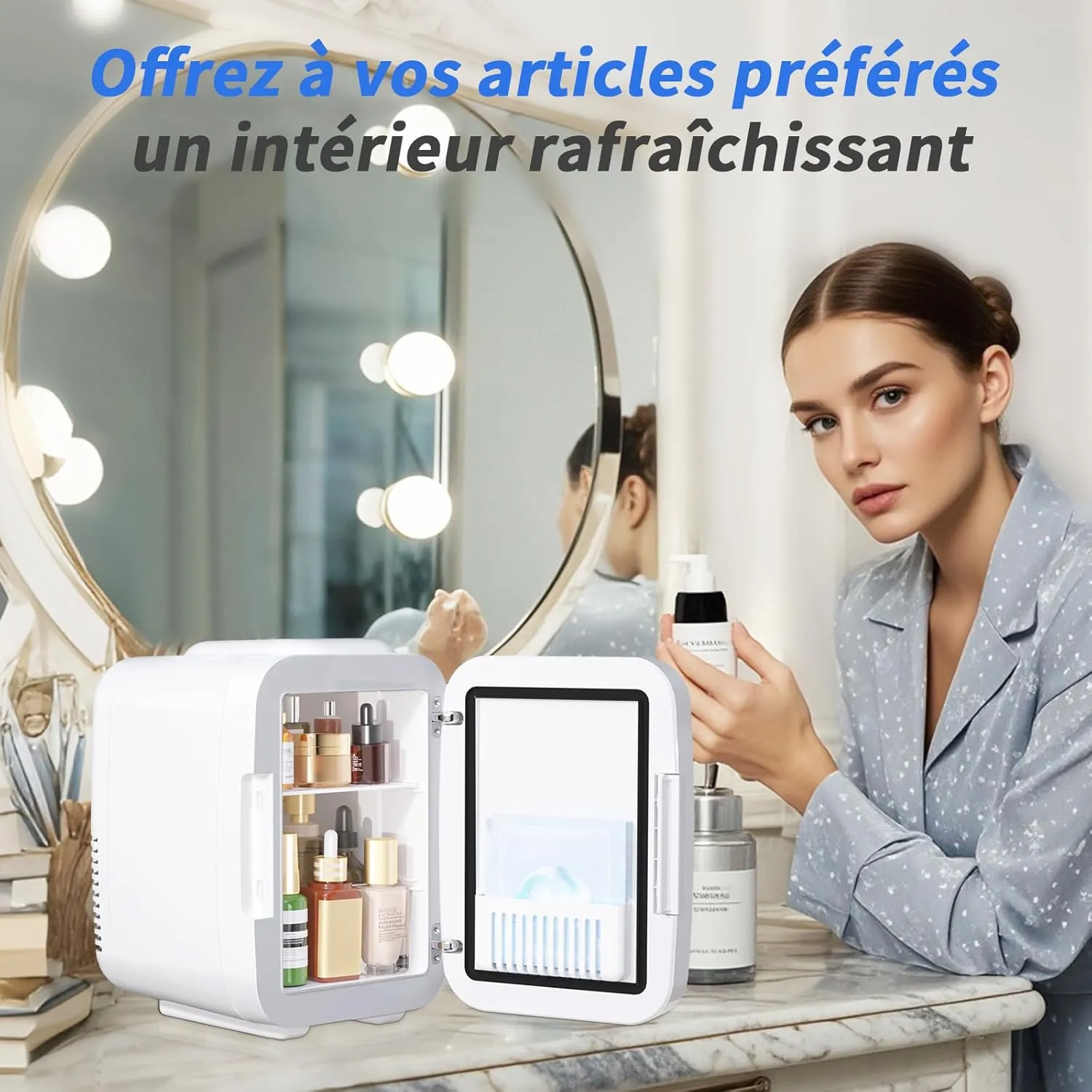 YASHE Mini Frigo 4L Bleu Miroir LED Chaud Froid