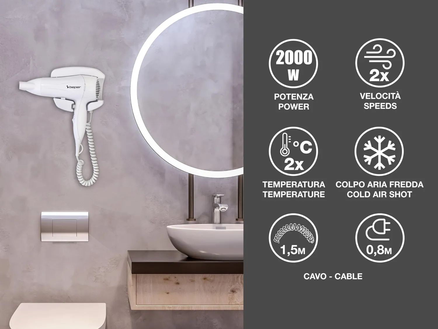 Beper 40.490 sèche-cheveux mural blanc 2000 W