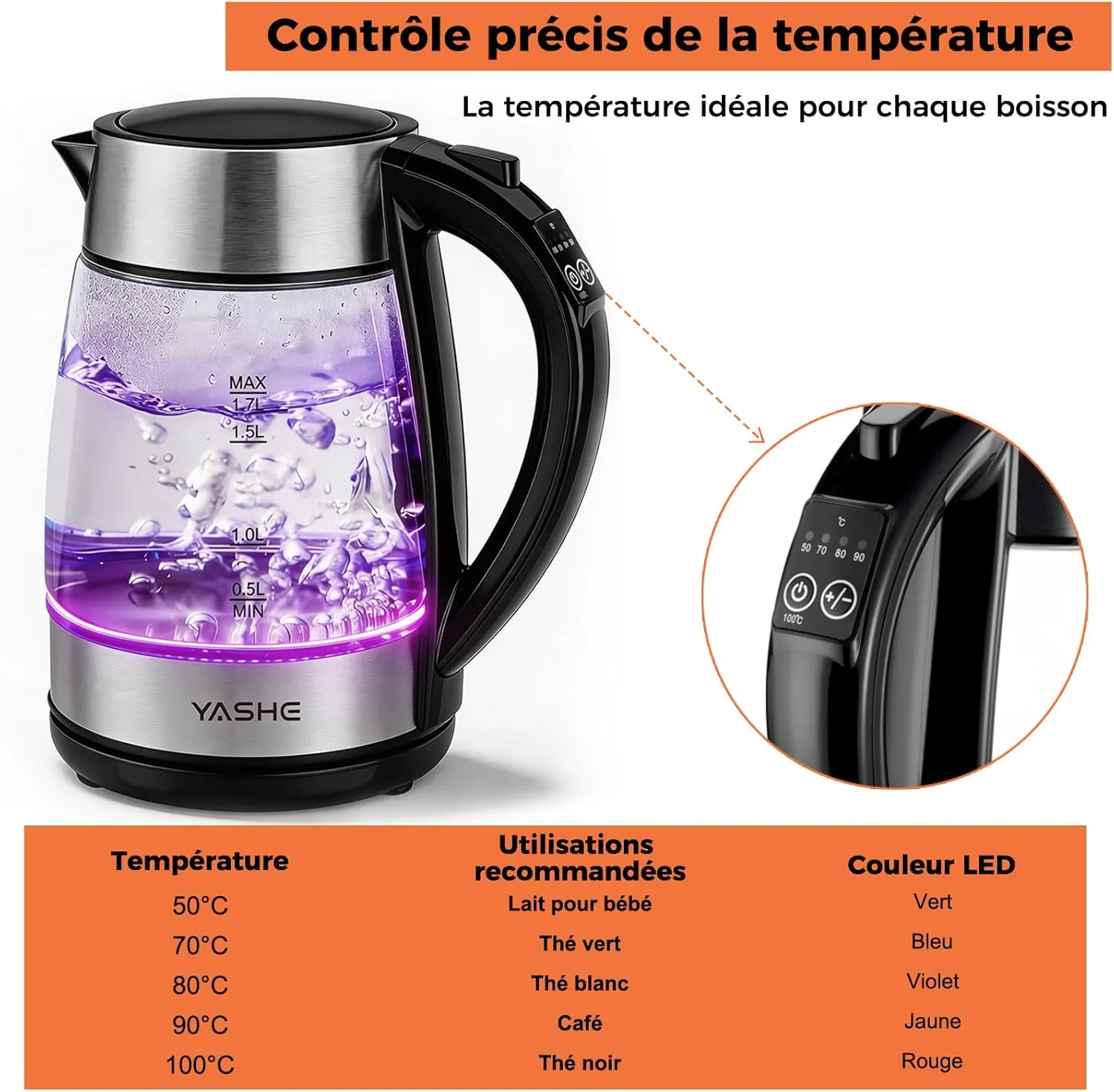 YASHE Bouilloire Verre 1,7L Température Réglable 2200W