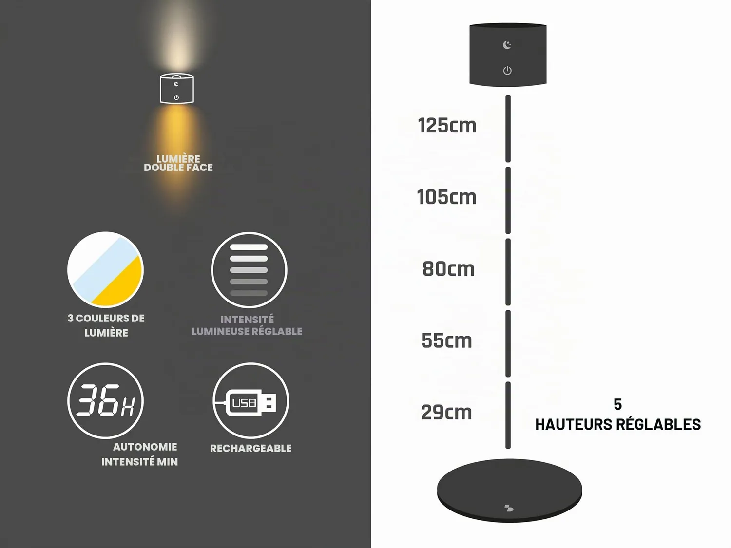 Beper P201UTP306 Lumì lampe rechargeable noire tactile 3 couleurs