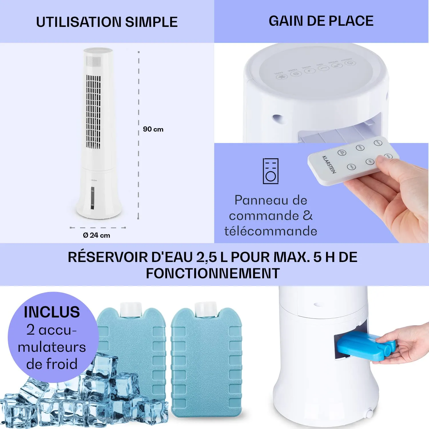 Klarstein 4 en 1 rafraîchisseur d’air 2,5L ioniseur 40W