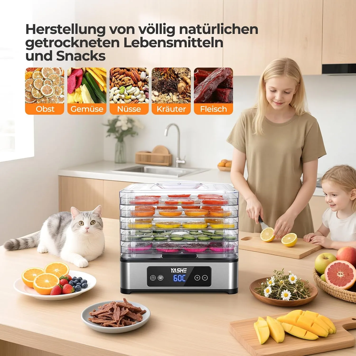 YASHE Déshydrateur Alimentaire 5 Plateaux Inox 400W Silencieux
