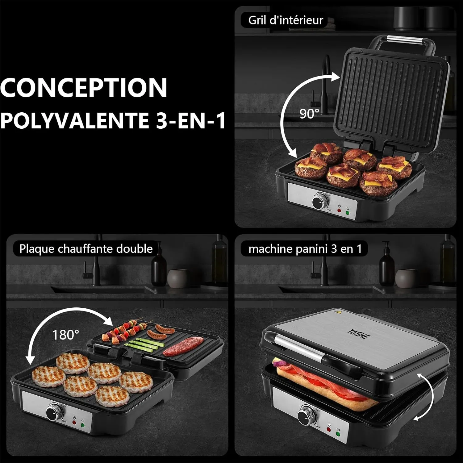 YASHE Grill Panini 1800W presse 3-en-1 antiadhésive