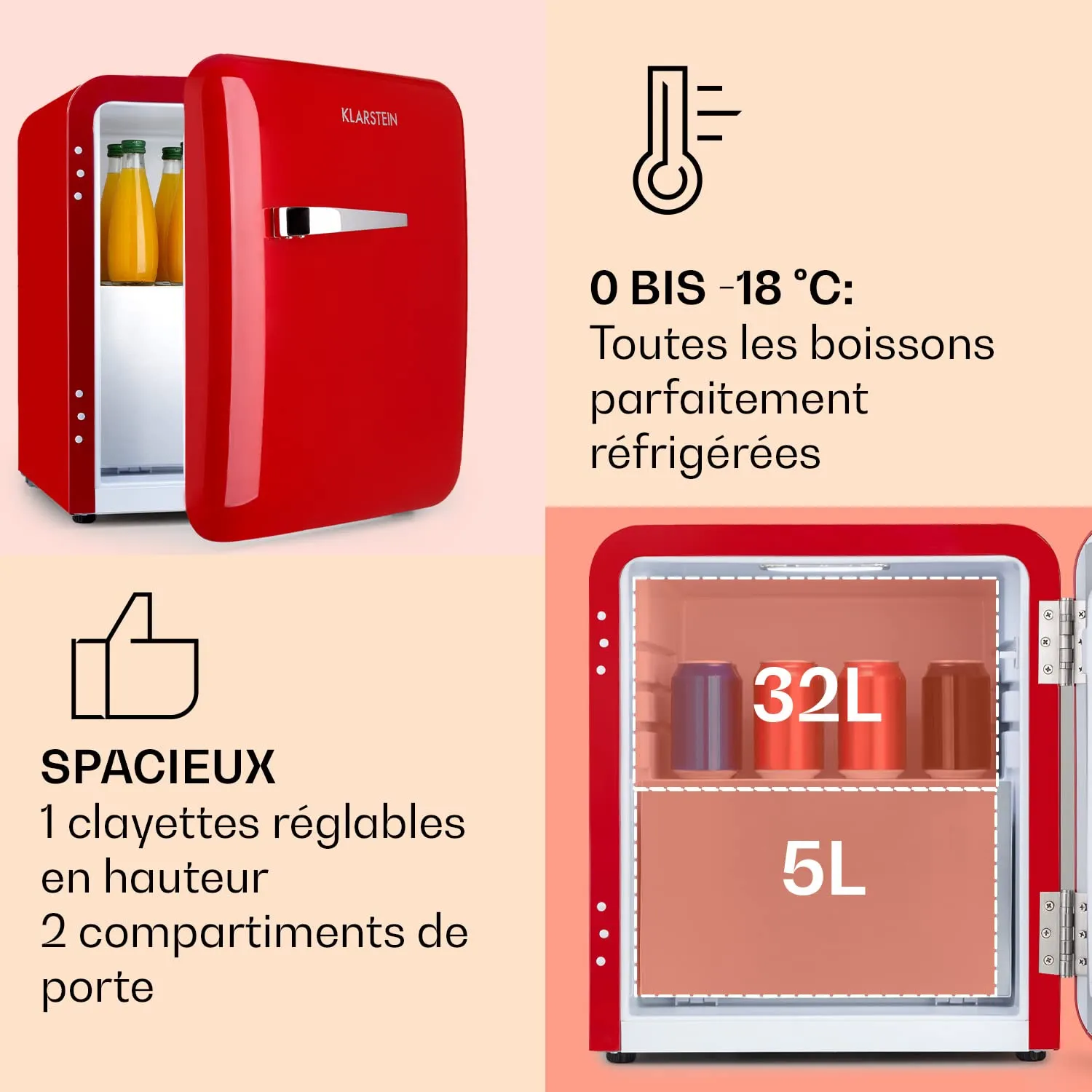 Klarstein mini-frigo silencieux 32L avec congélateur 5L