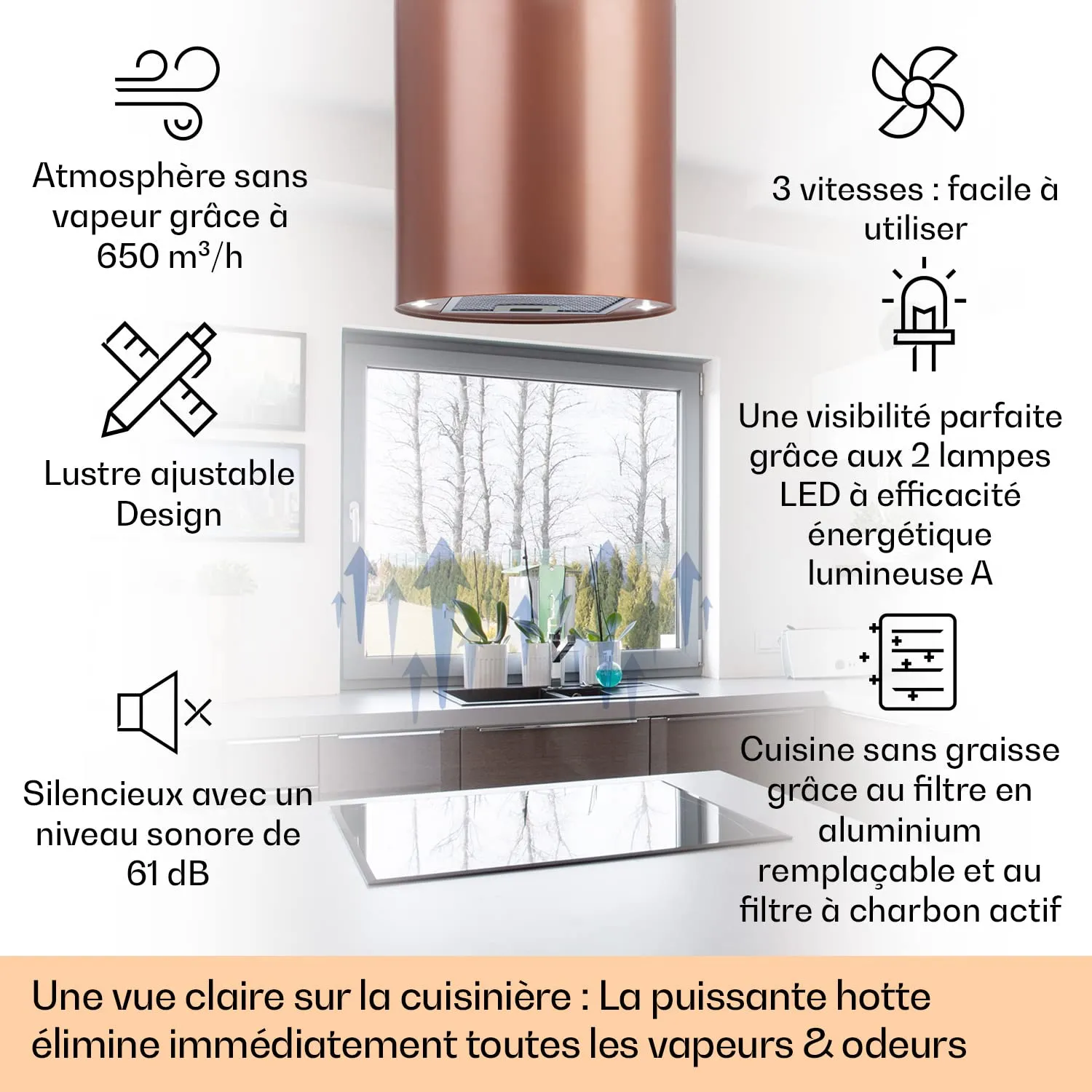 Klarstein Beretta hotte îlot cuivre 519 m³/h