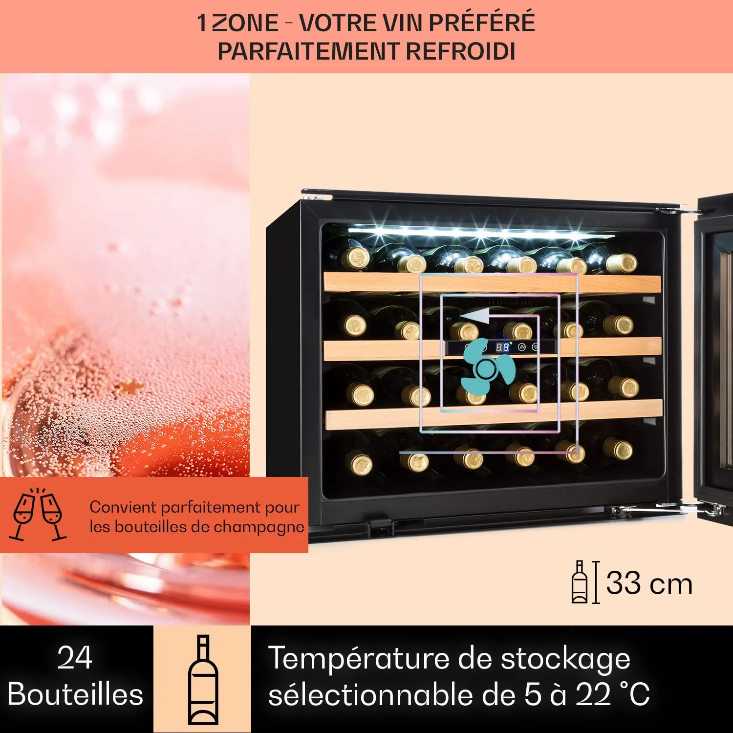 Klarstein cave à vin 24 bouteilles 57 L porte verre anti-UV