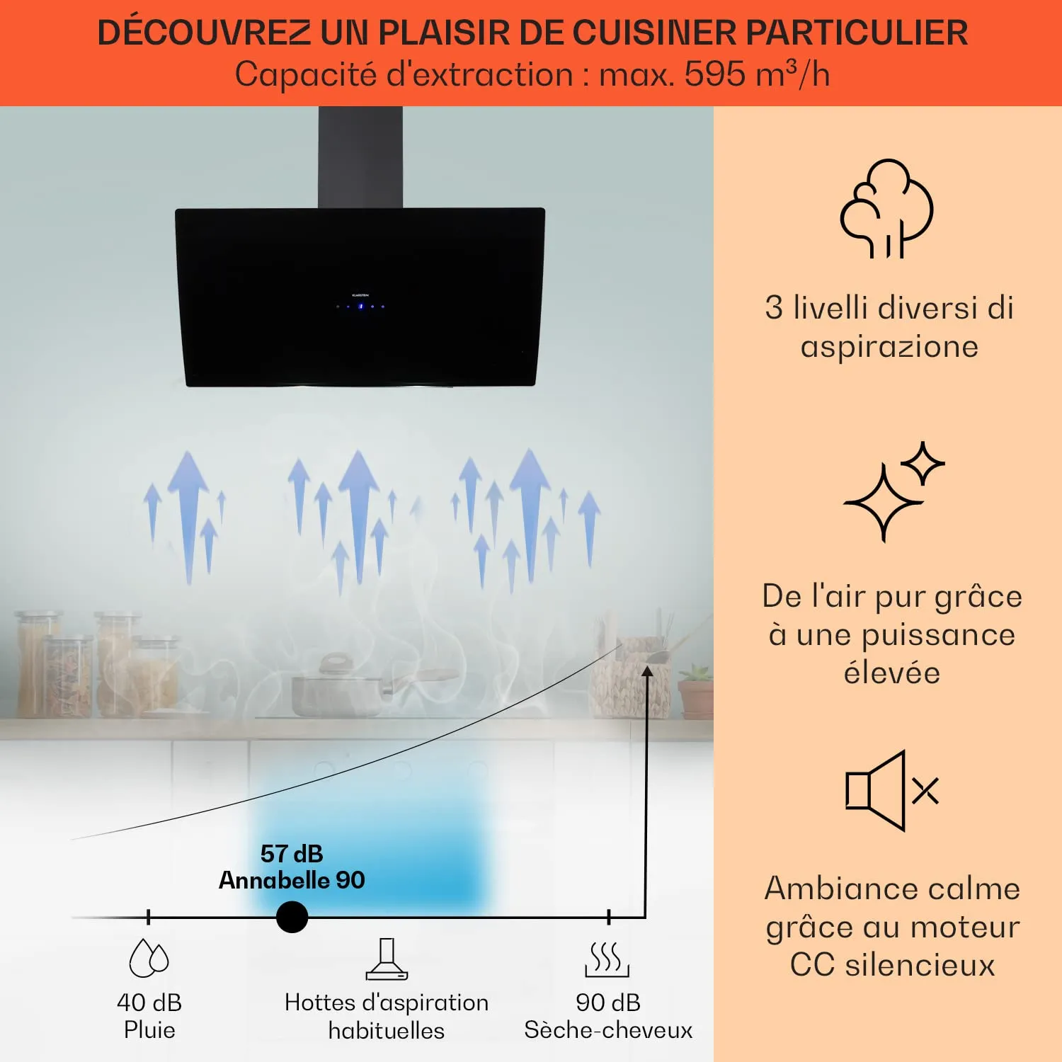 Klarstein hotte aspirante inclinée 90cm 641m³/h LED tactile