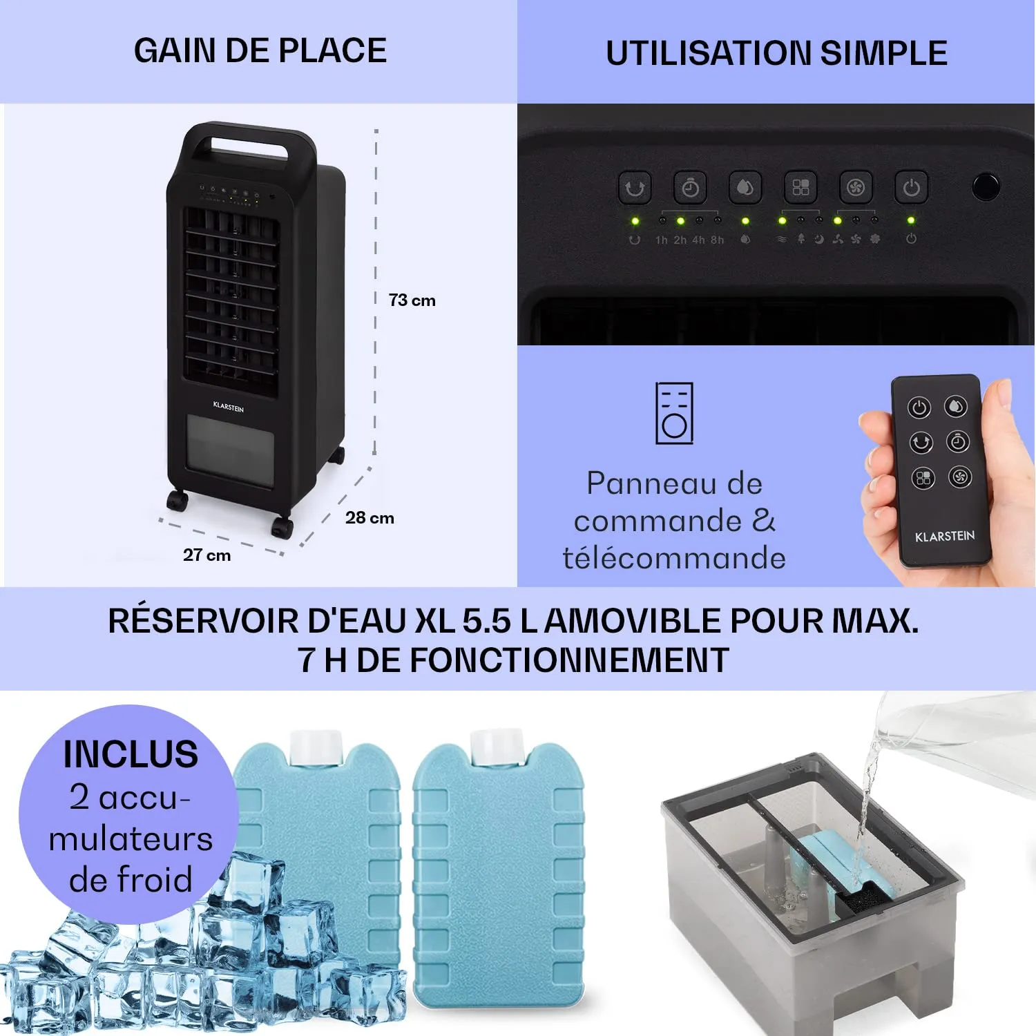 Klarstein rafraîchisseur d'air 4 en 1 5,5 L 45 W