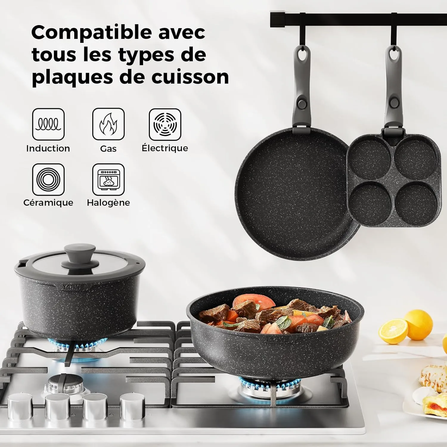 YASHE Batterie Cuisine 21 Pièces Antiadhésive Grise Induction