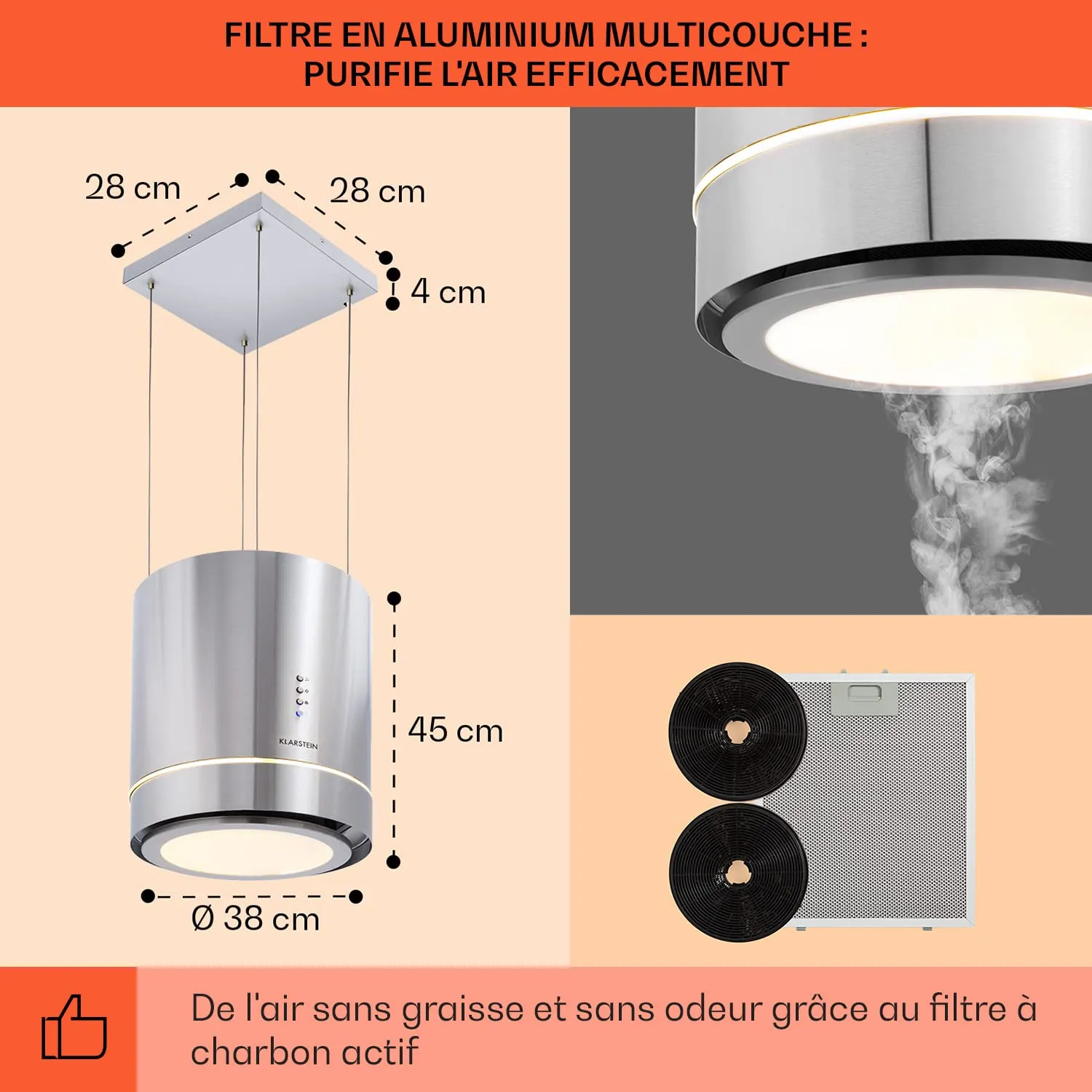 Klarstein hotte îlot suspendue noir 595 m3/h avec filtres