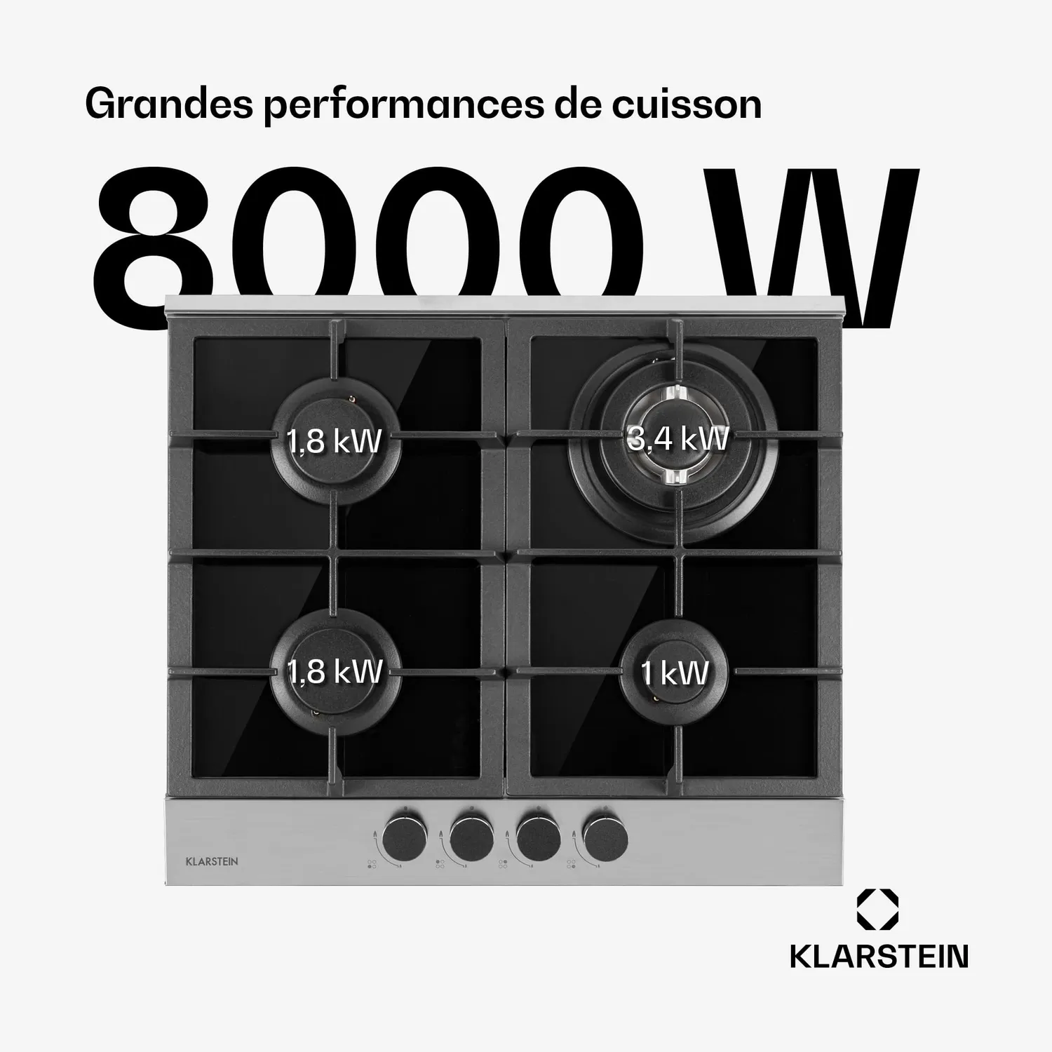 Klarstein Plaque Gaz 4 Feux Inox 8,0 kW Encastrable