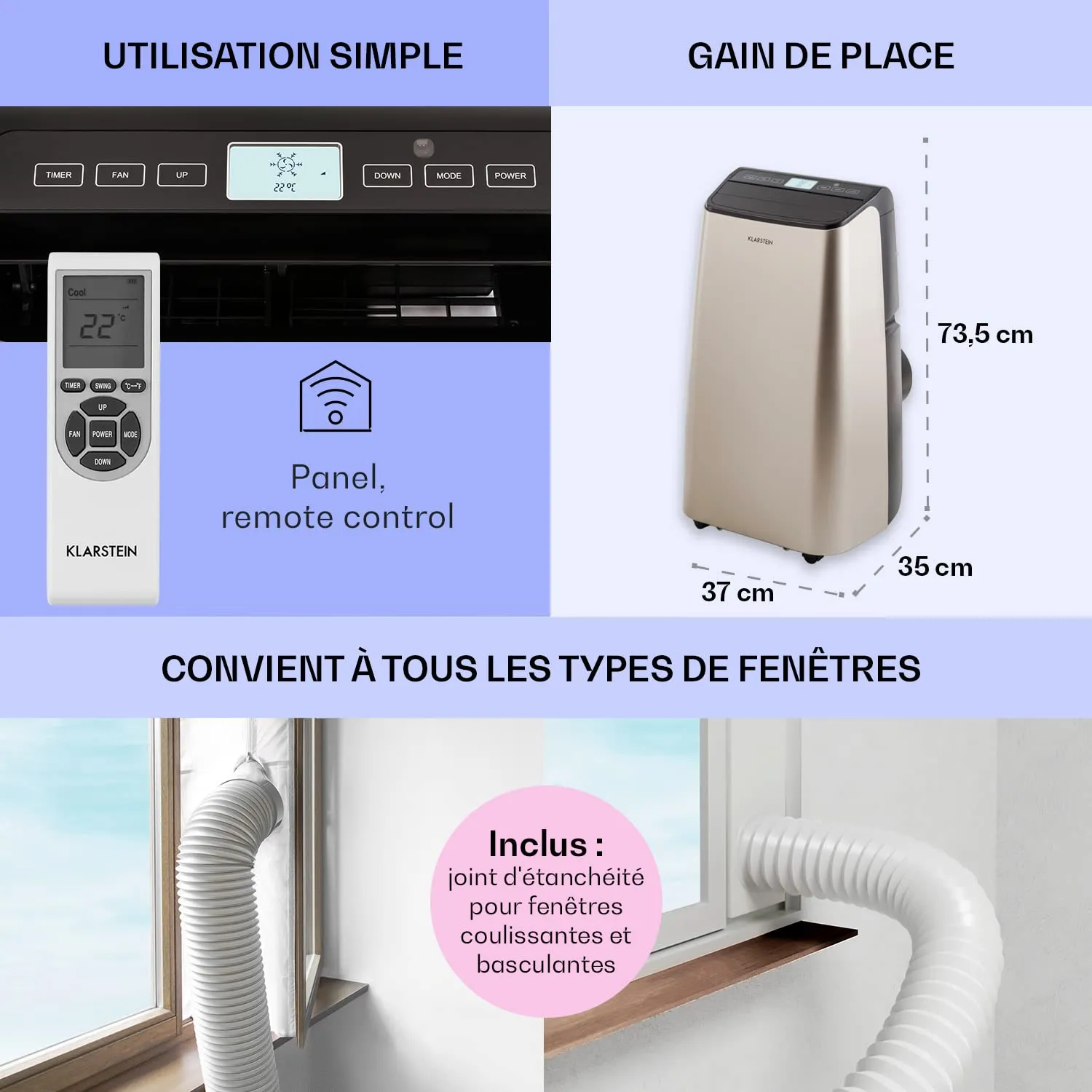 Klarstein 9000 BTU climatiseur mobile 4 en 1 26-44 m2