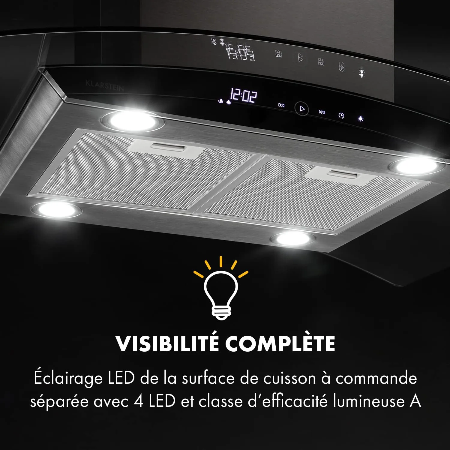 Klarstein Colette Hotte Îlot 90 cm Argent 600 m³/h Inox