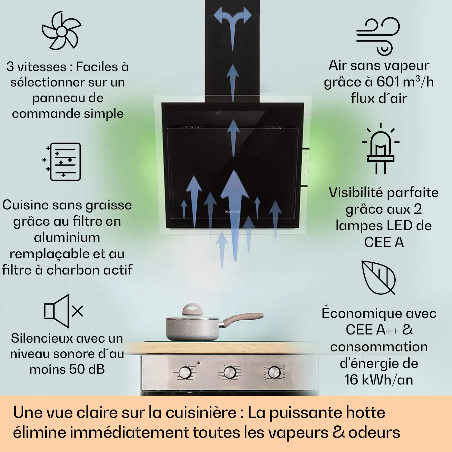 Klarstein Hotte 60 cm Noire inclinée 601 m³/h