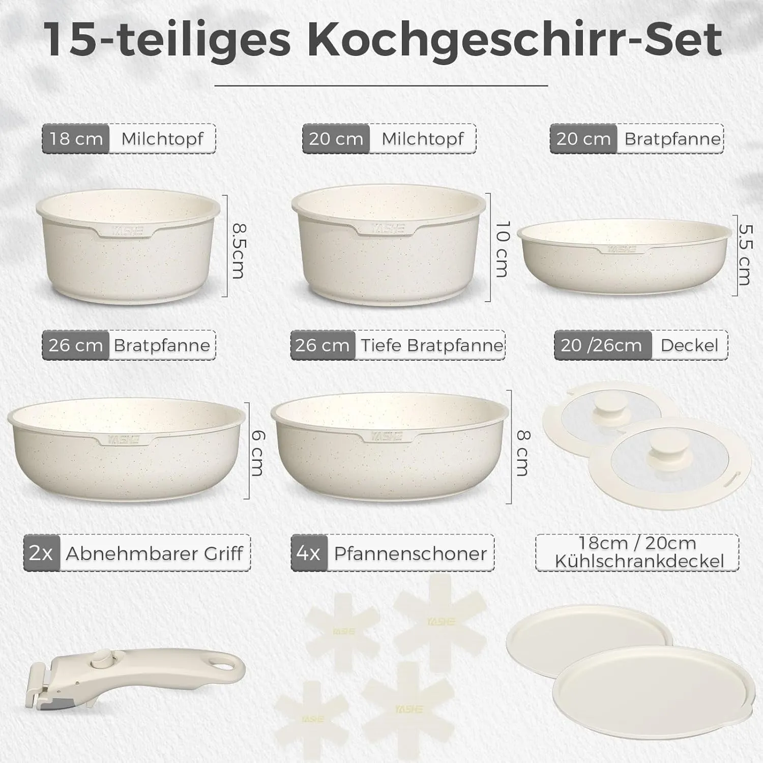 YASHE Batterie Cuisine 15 Pièces Induction Sans PFOA Gris