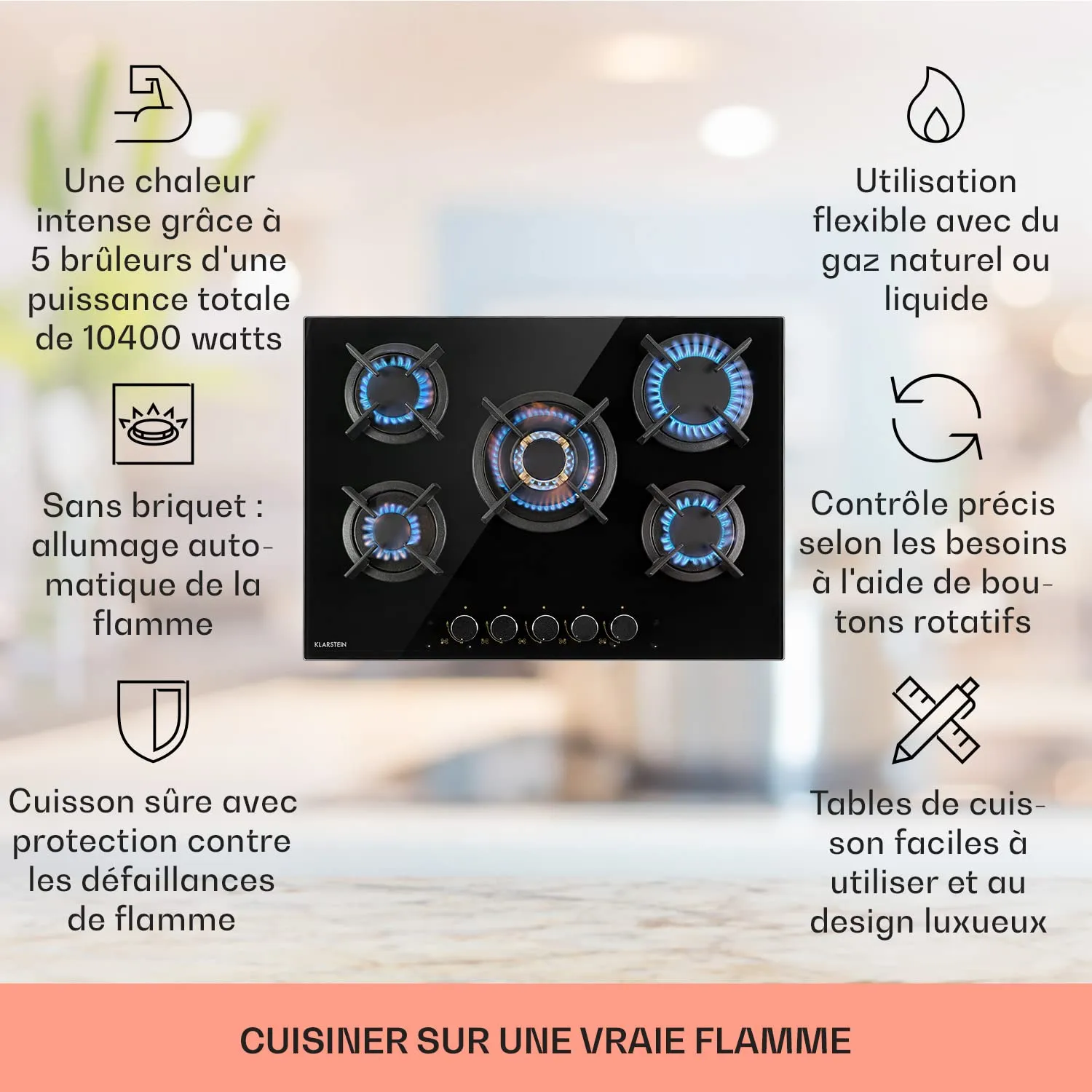 Klarstein plaque de cuisson gaz 5 feux 90 cm verre noir