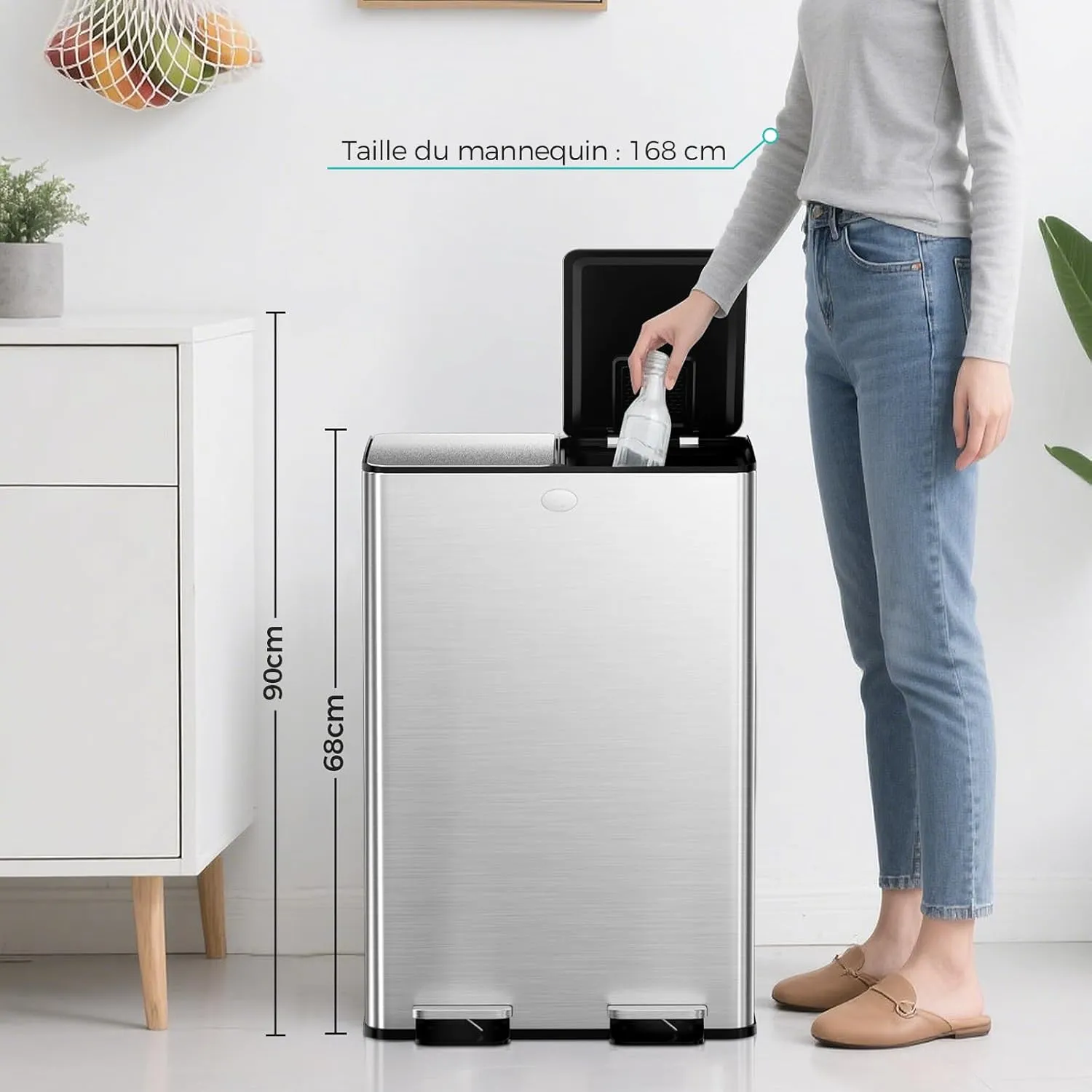 YASHE poubelle double 2x30 L inox anti-traces pédale