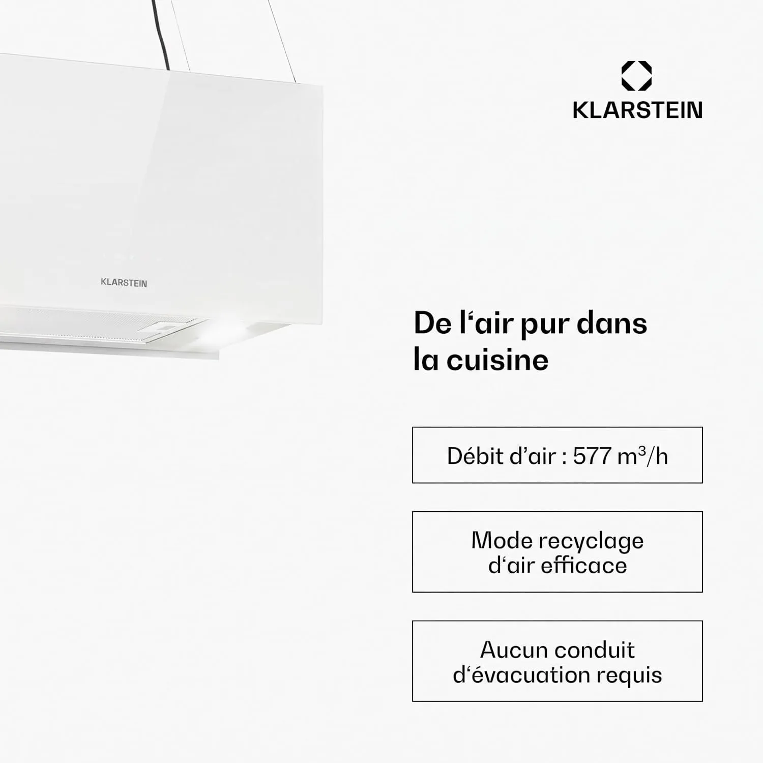 Klarstein hotte îlot suspendue recyclage 577 m³/h