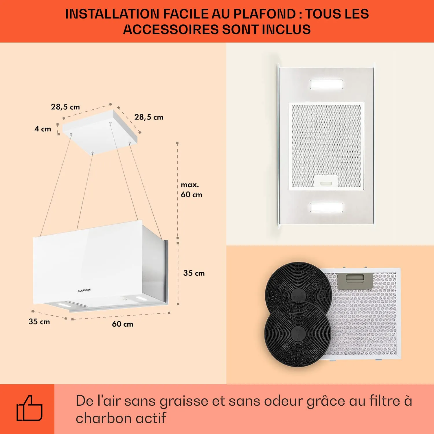 Klarstein hotte îlot suspendue recyclage 577 m³/h