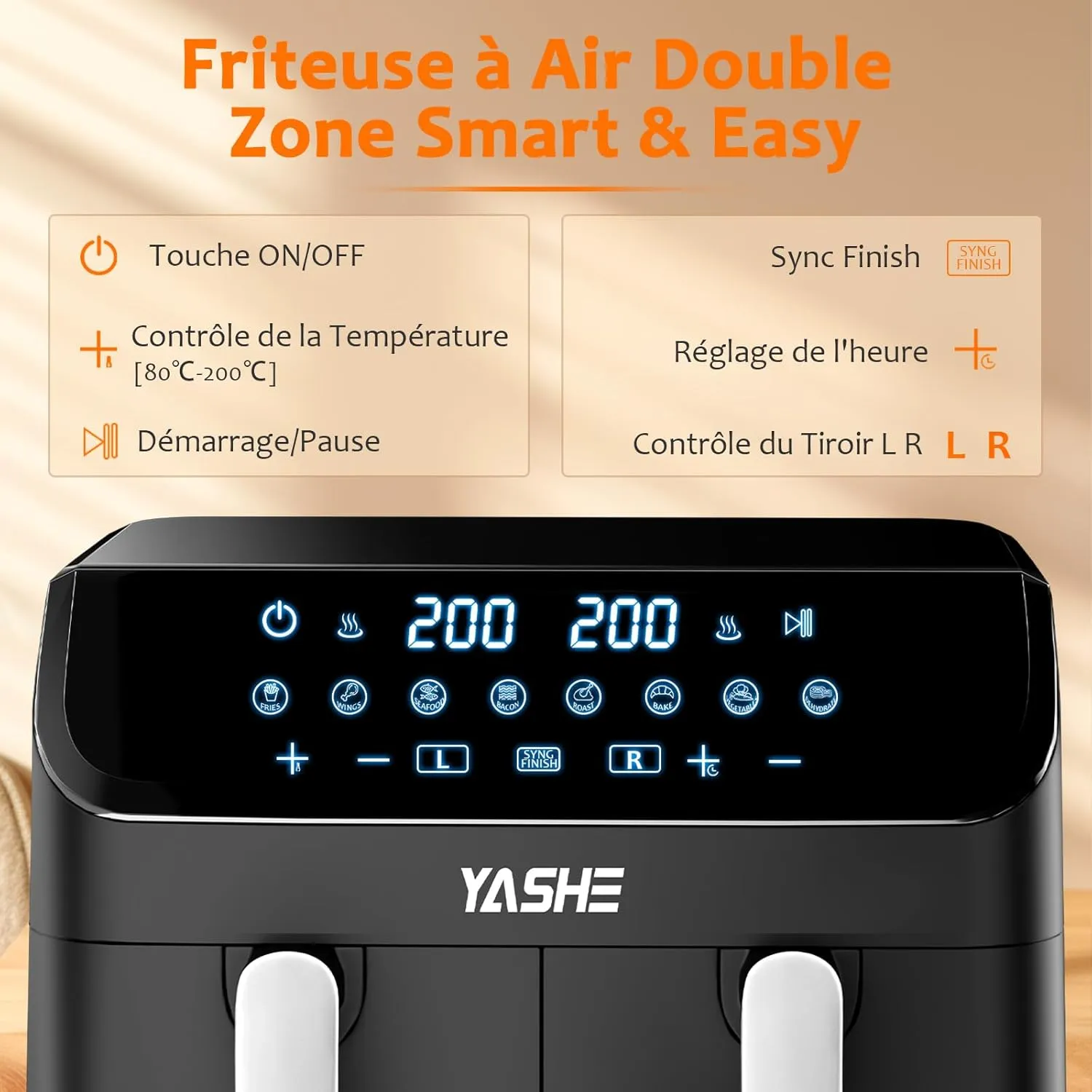 YASHE Air Fryer 9L Double Tiroir Finition Synchronisée