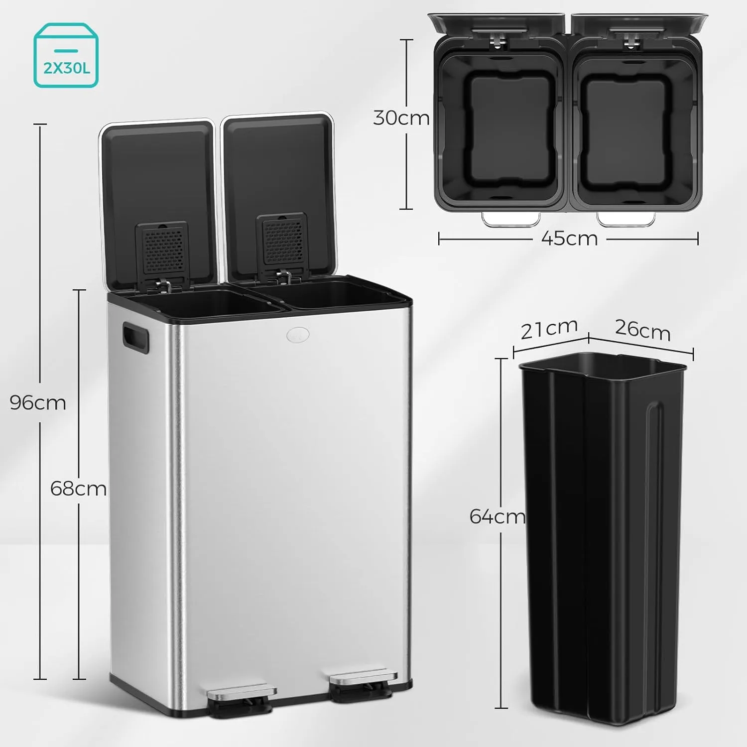 YASHE poubelle double 2x30 L inox anti-traces pédale