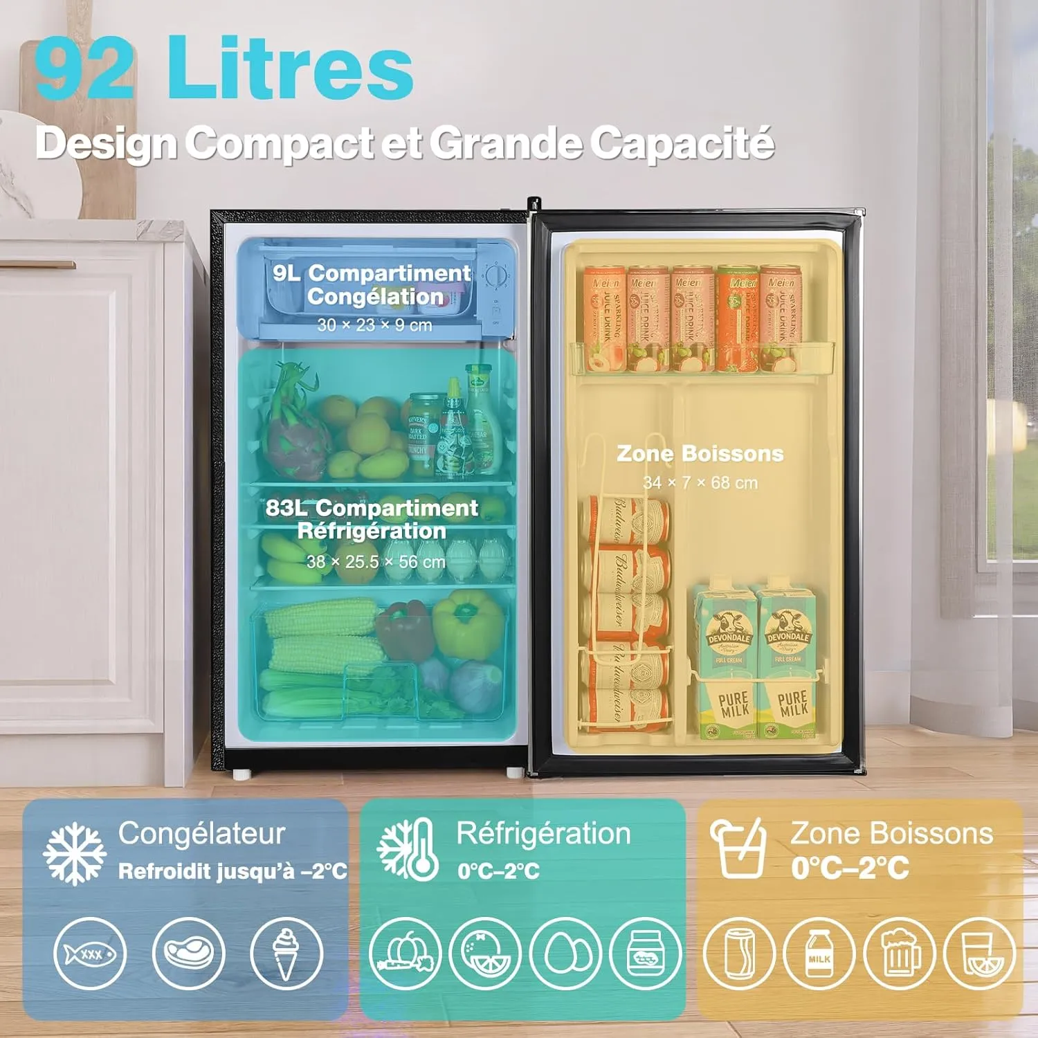 YASHE petit frigo 92 L avec congélateur silencieux 45 dB