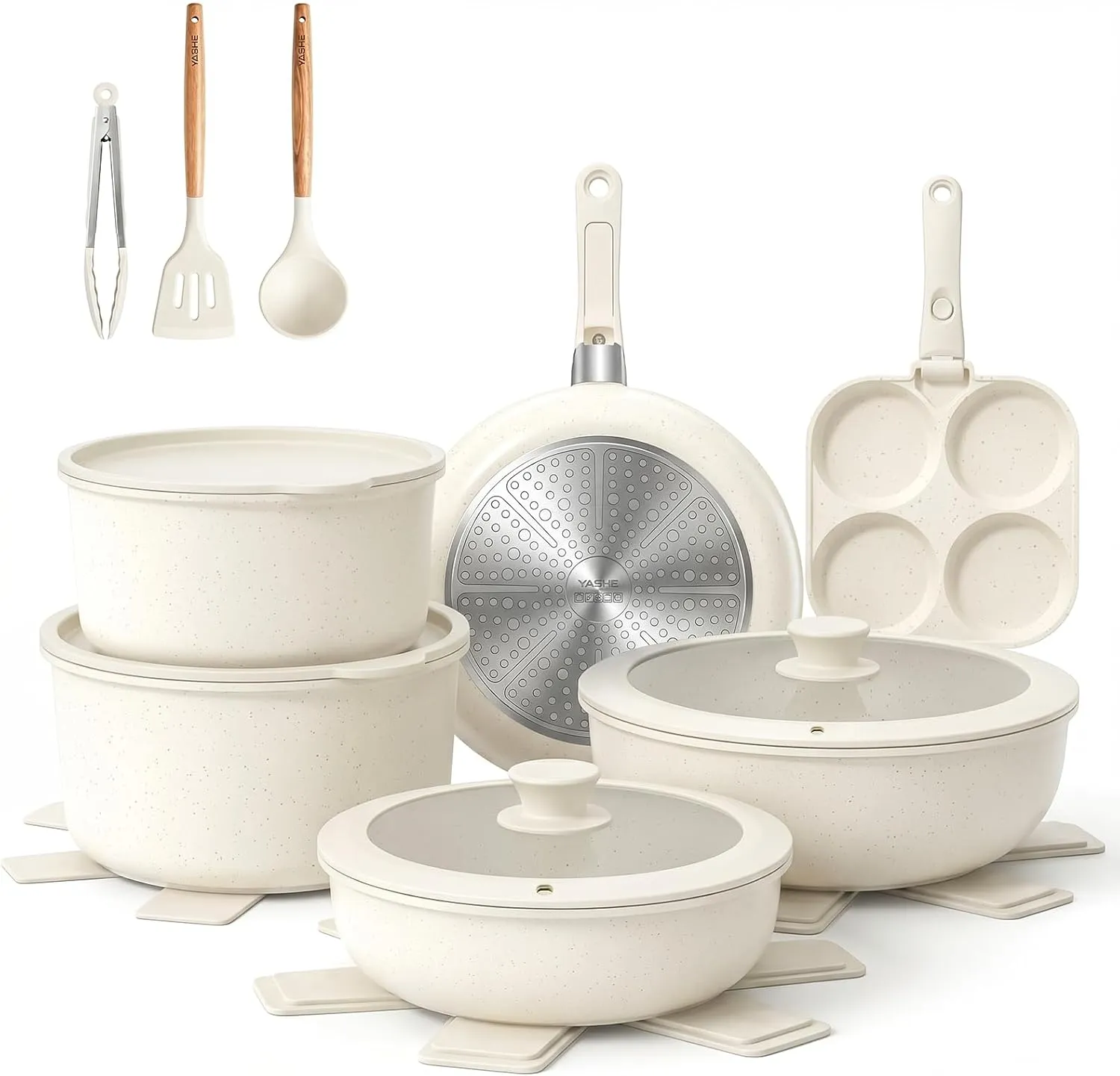 YASHE Set 20 Pièces Poêles Casseroles Antiadhésives Noir Granit