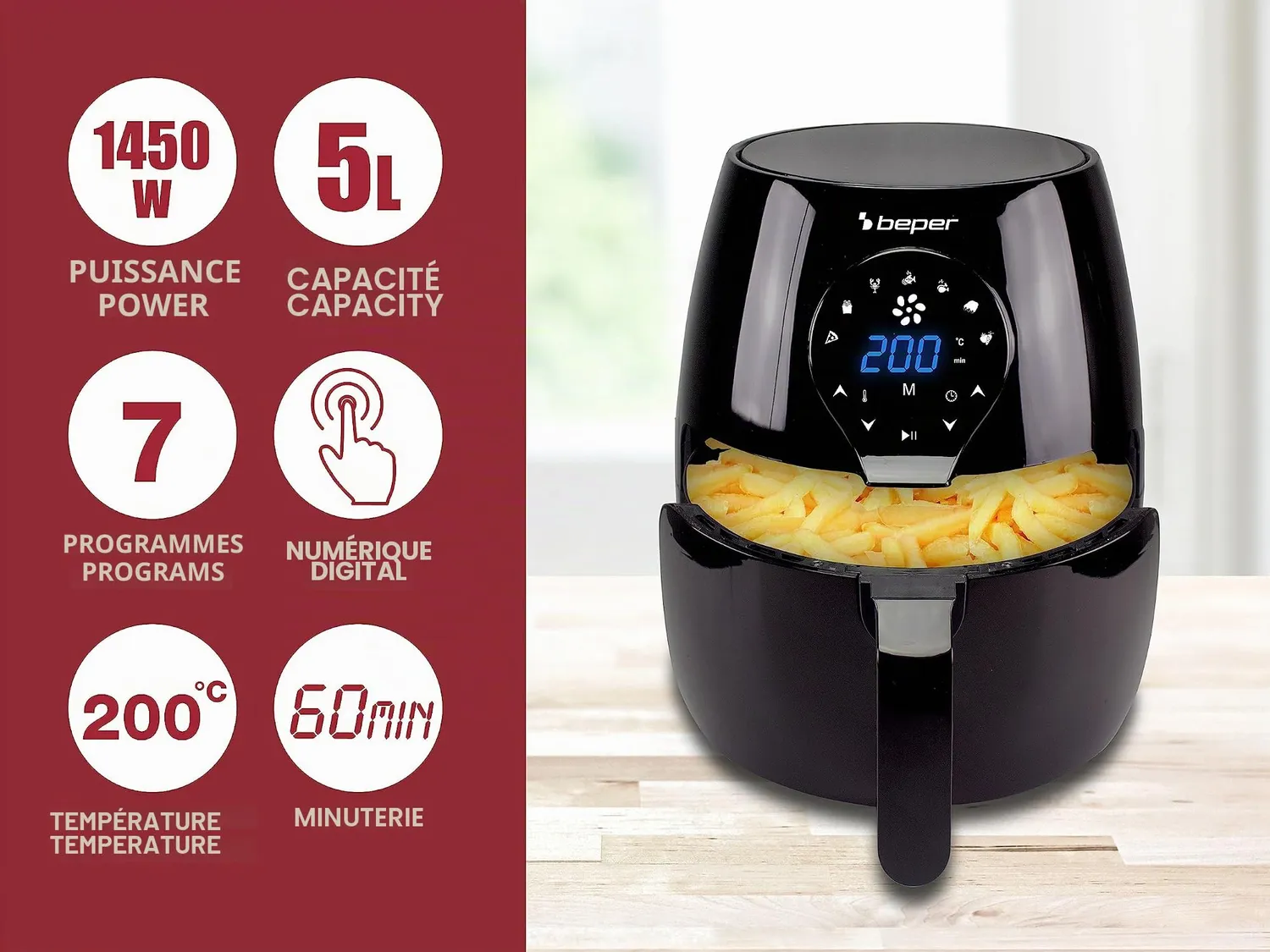 Beper P101FRI050 friteuse sans huile noire 5 L tactile
