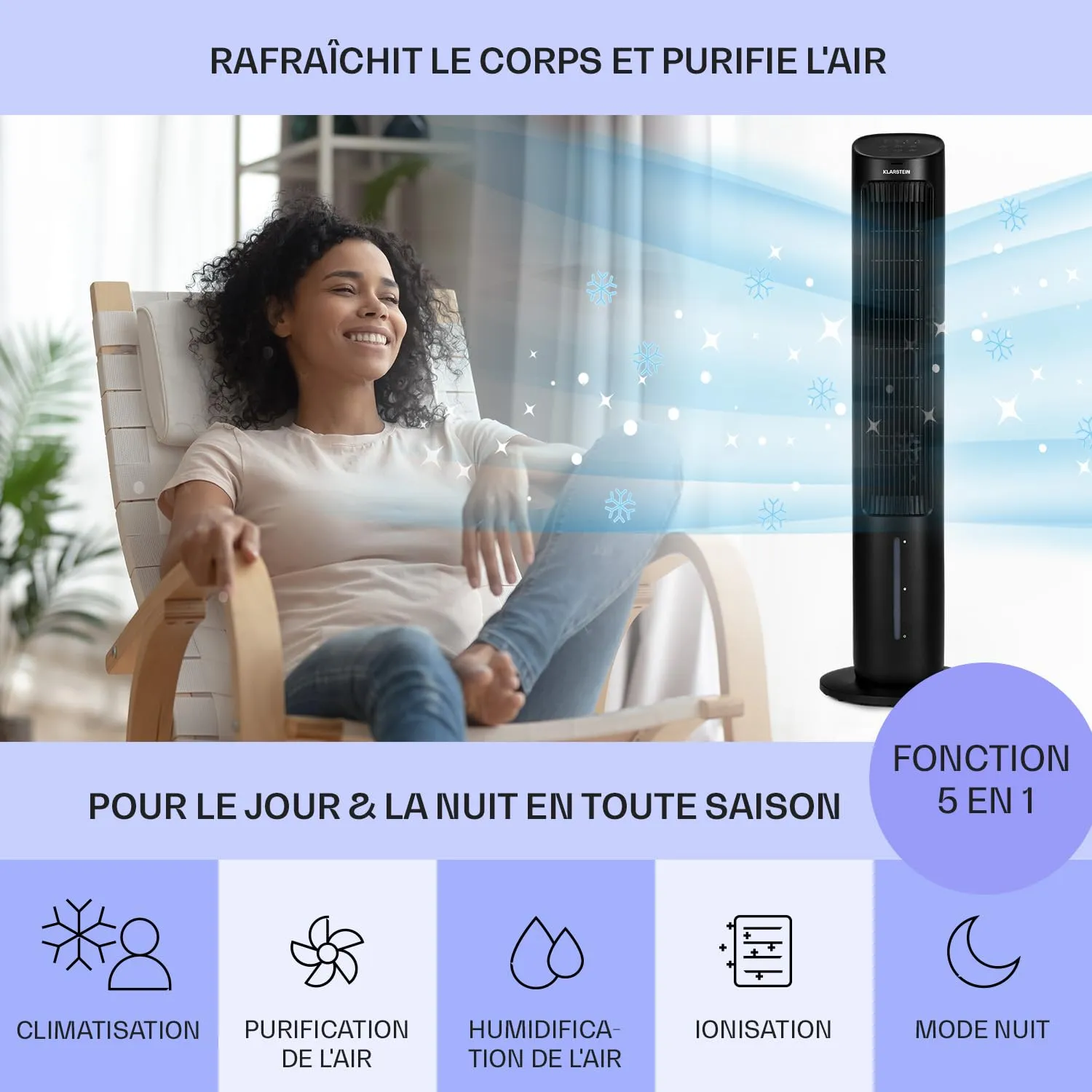 Klarstein rafraîchisseur air mobile 5-en-1 50W 360 m3/h noir