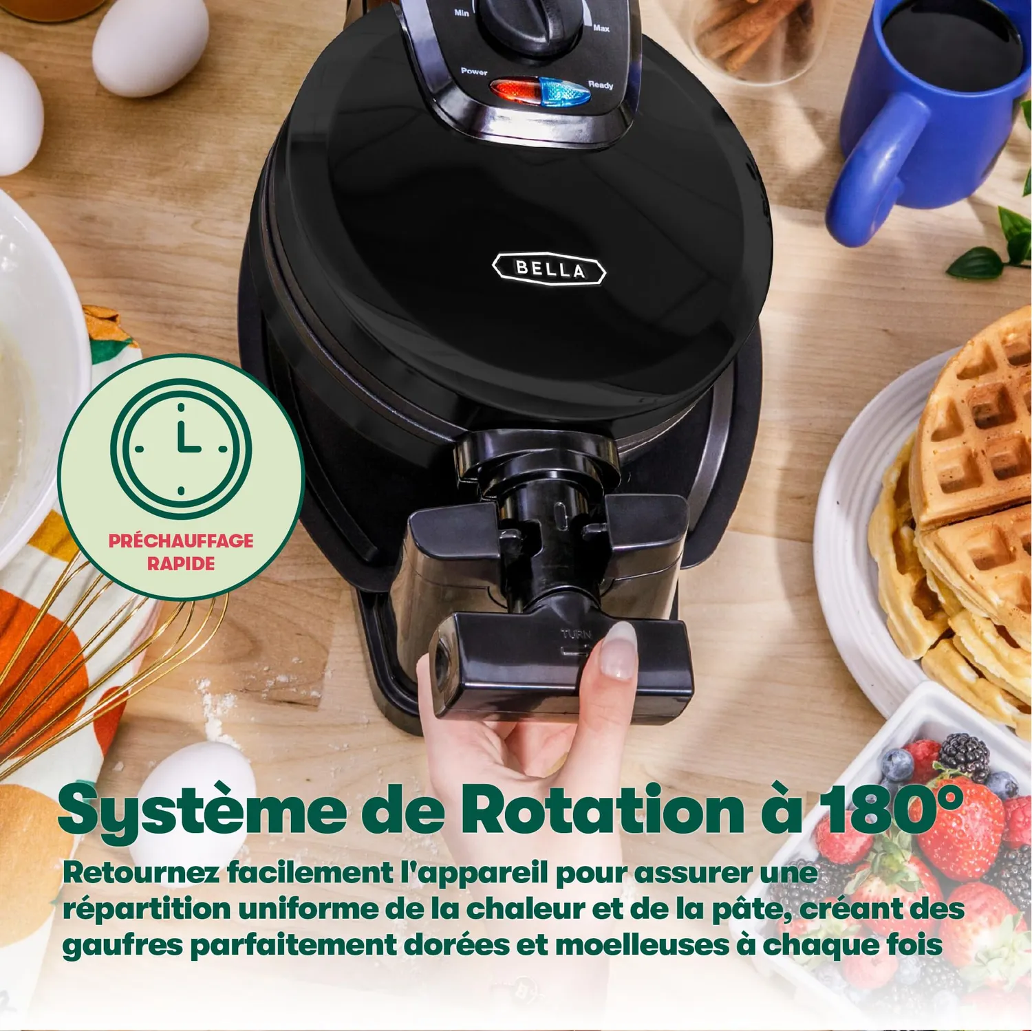 Bella gaufrier belge rotatif noir 9 niveaux brunissement
