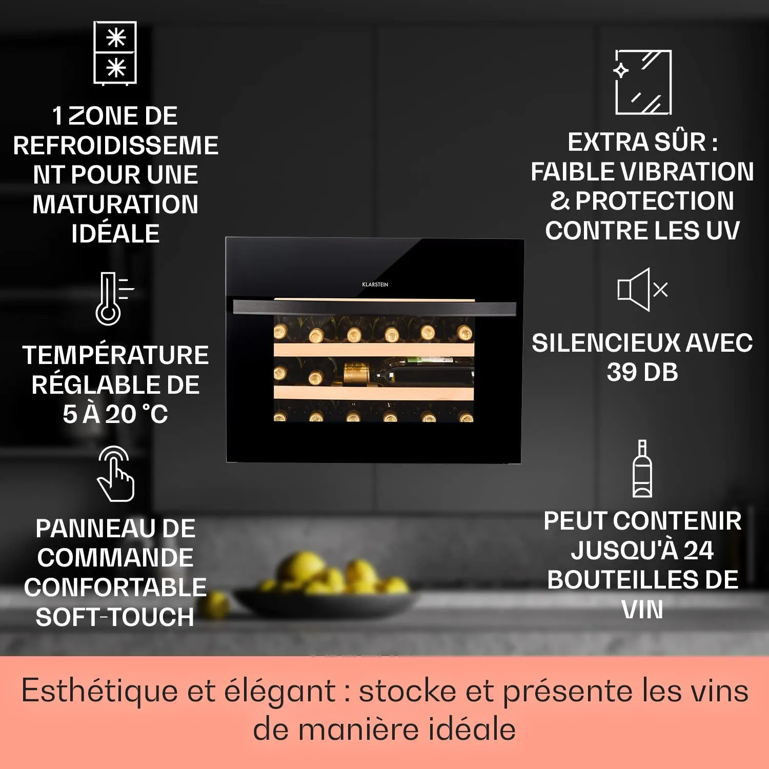 Klarstein Cave à Vin 51L 24 Bouteilles Noir