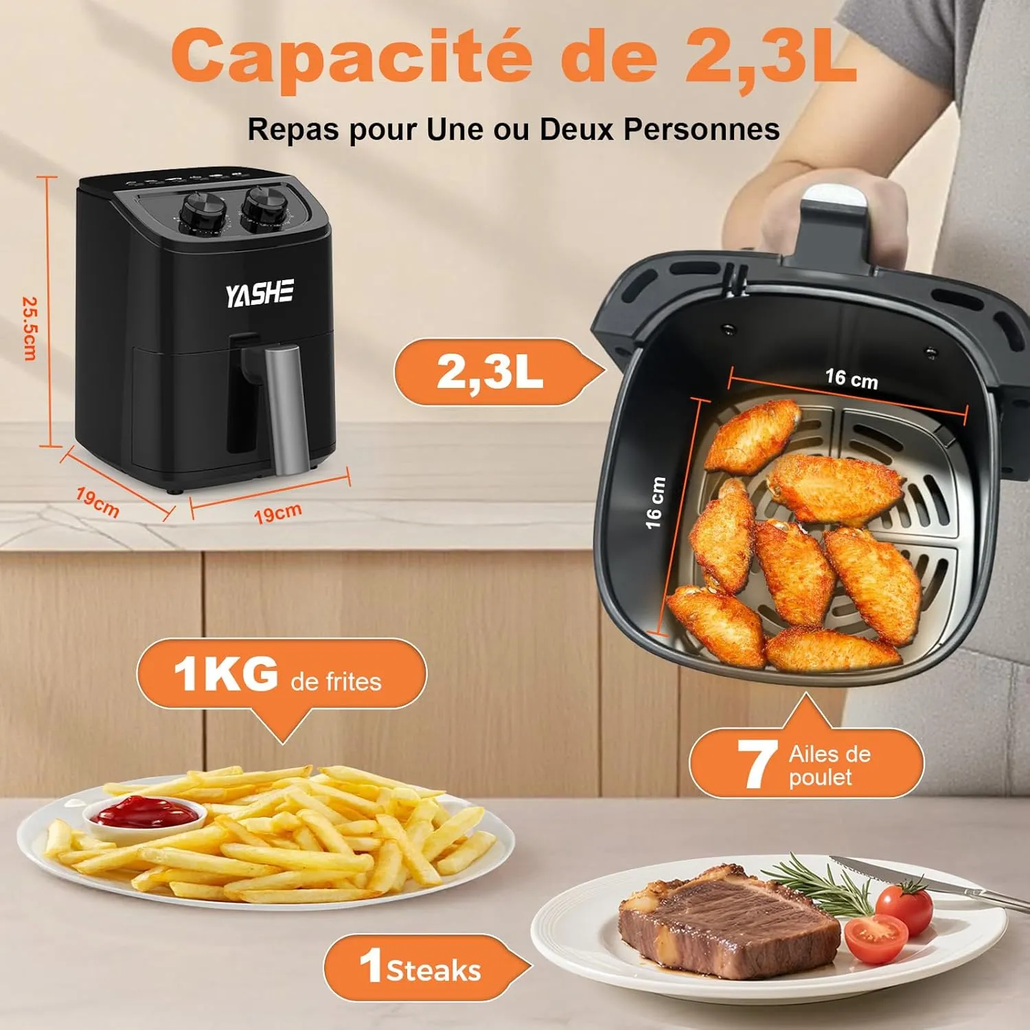 YASHE air fryer compact 2,3 L sans huile inox 1-2 pers.