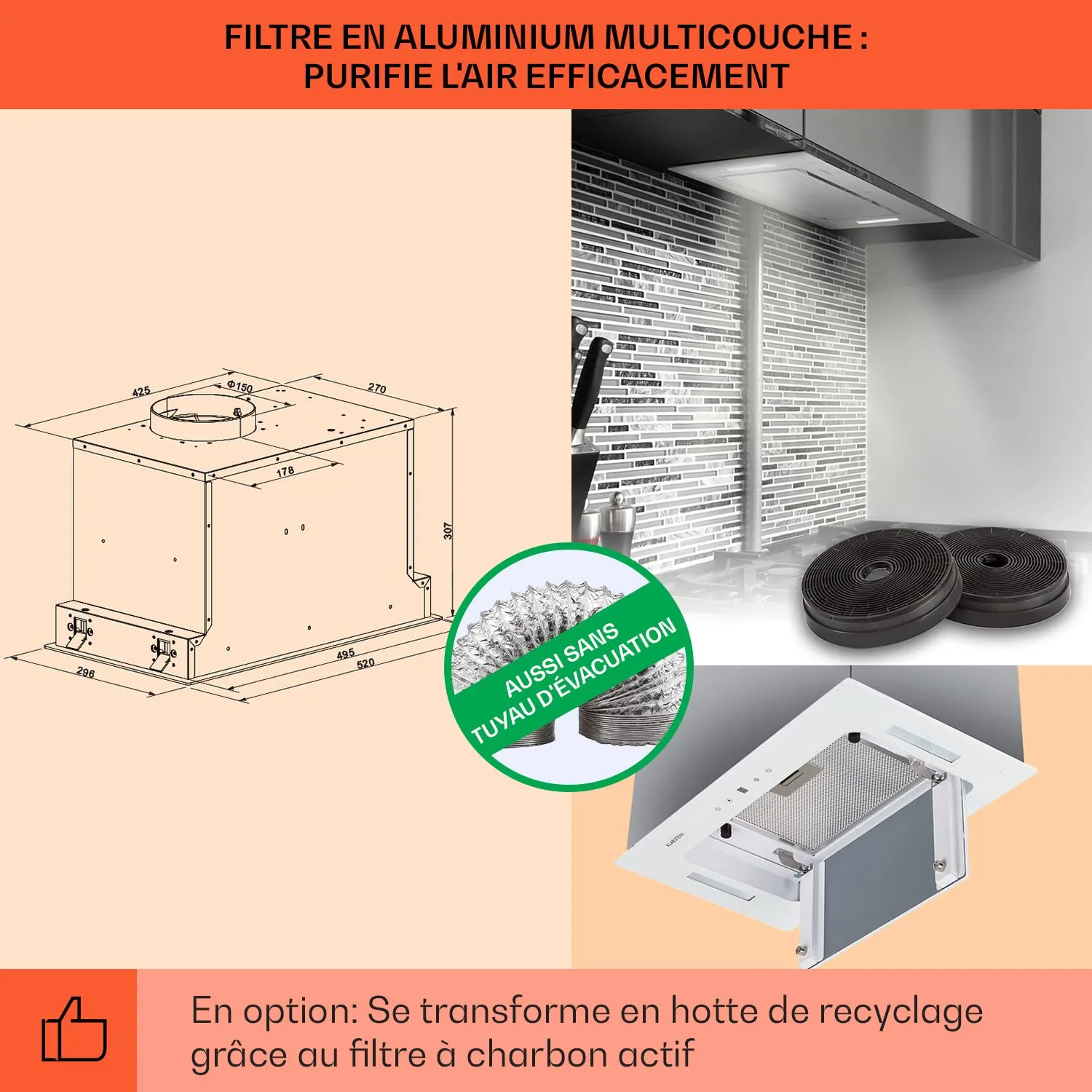 Klarstein Hektor hotte encastrable 52 cm blanc 530 m3/h