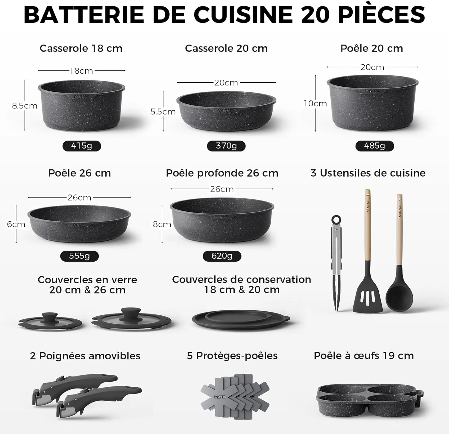 YASHE Batterie Cuisine 21 Pièces Antiadhésive Grise Induction