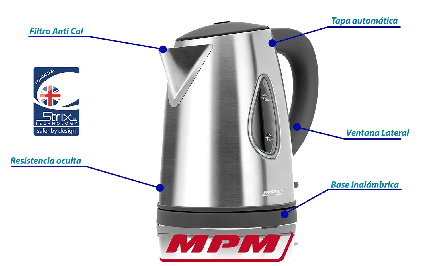 MPM bouilloire électrique inox 1 L 2200 W résistance cachée