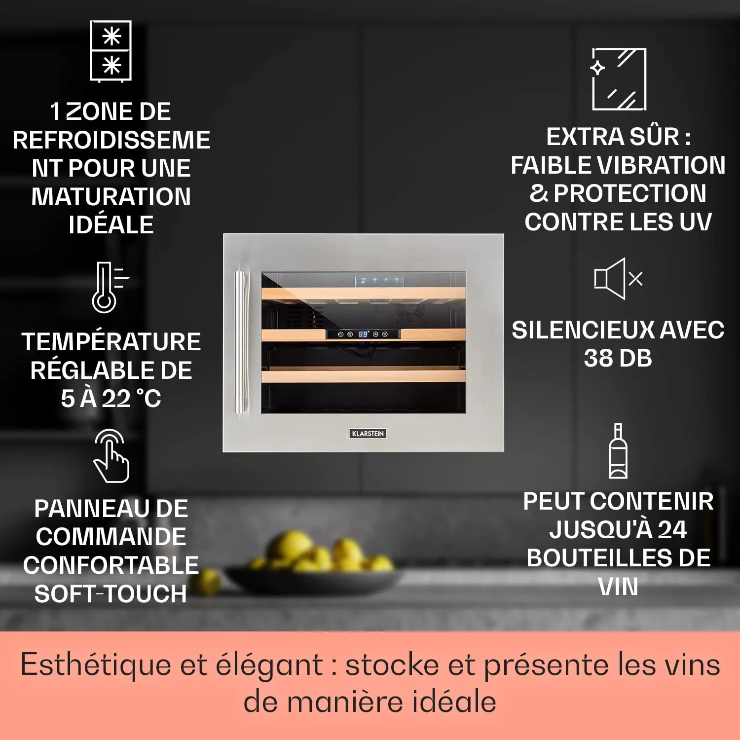 Klarstein cave à vin 24 bouteilles 57 L porte verre anti-UV