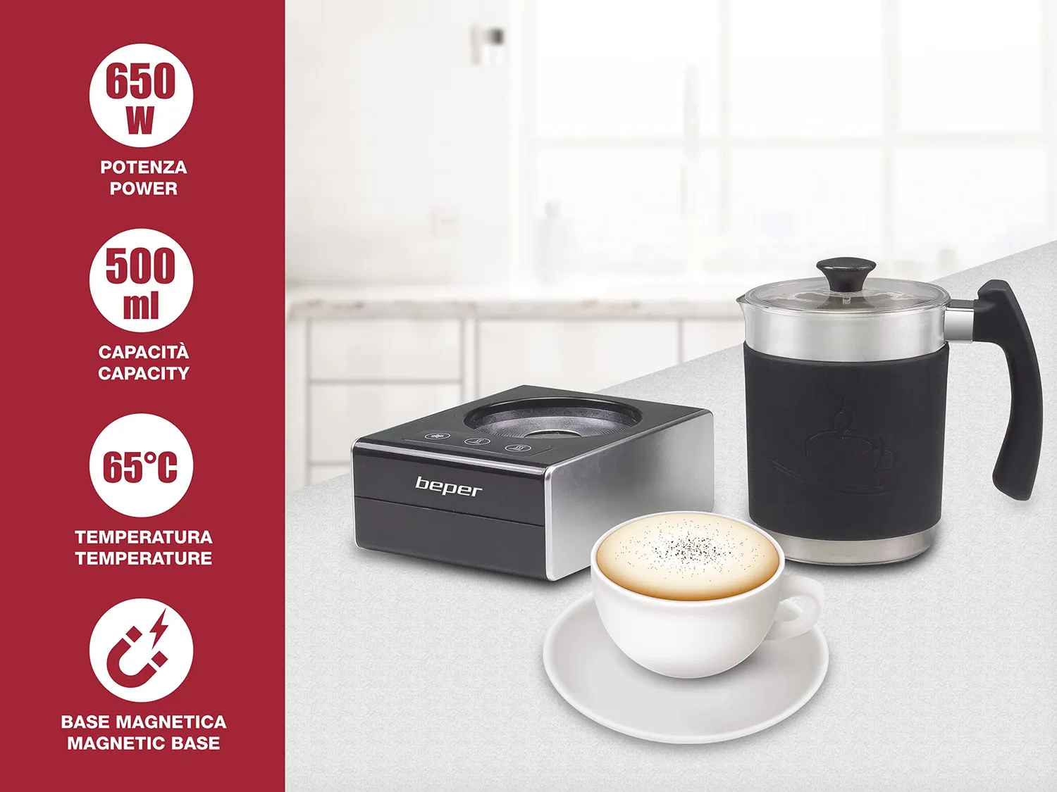 Beper BB.200 mousseur à lait 500 ml noir induction magnétique