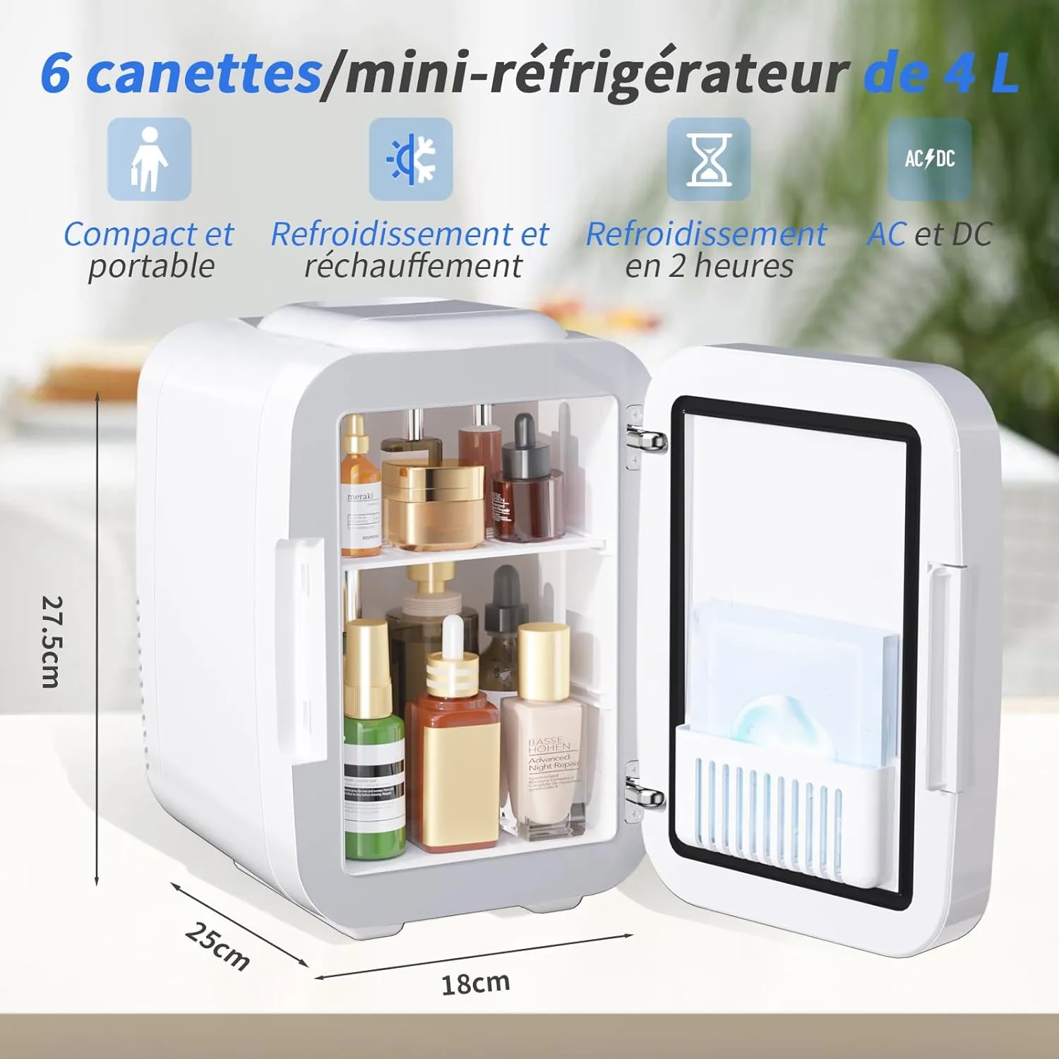YASHE Mini Frigo 4L Bleu Miroir LED Chaud Froid