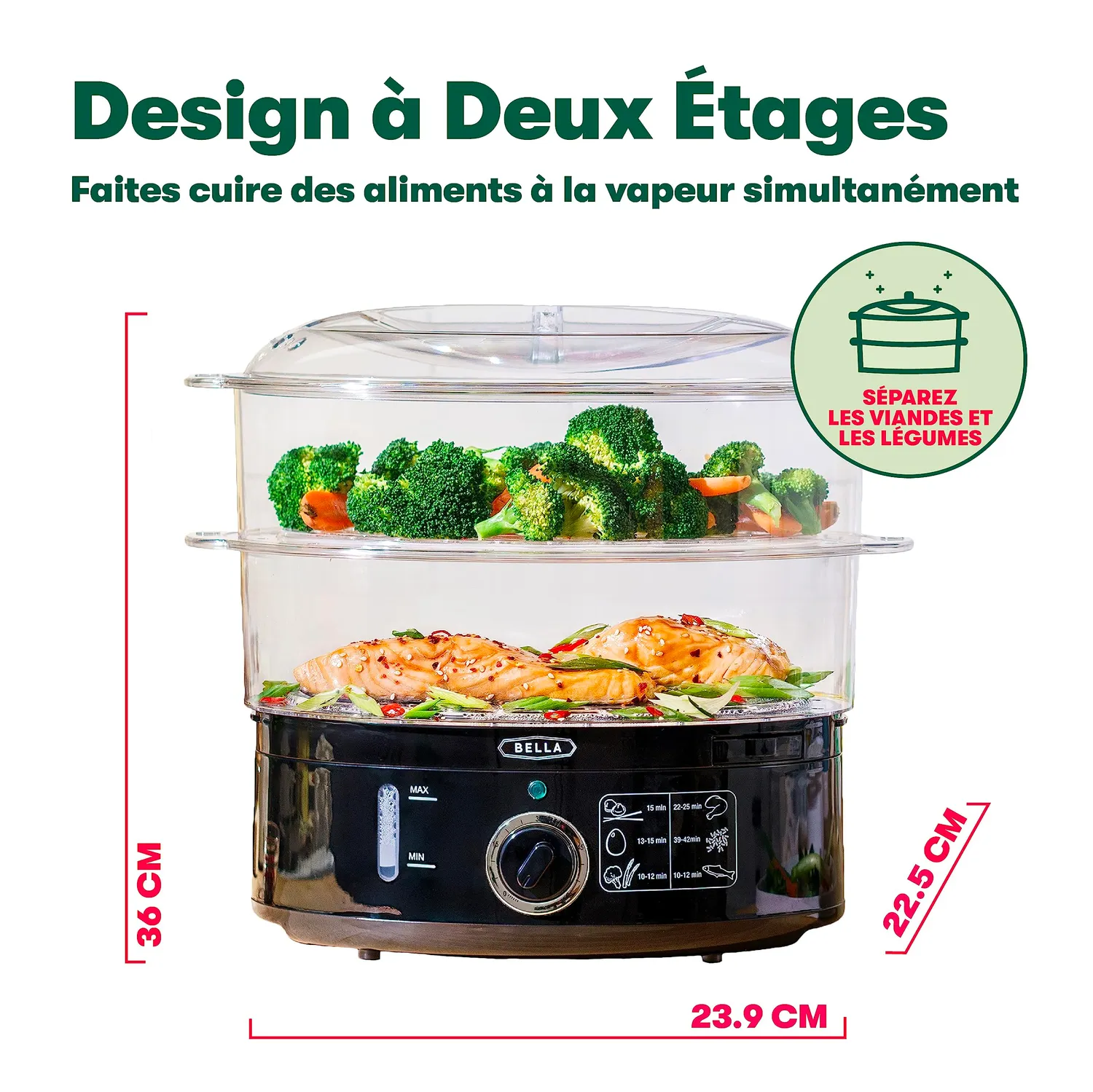 Bella cuiseur vapeur 2 étages 7 L noir arrêt auto