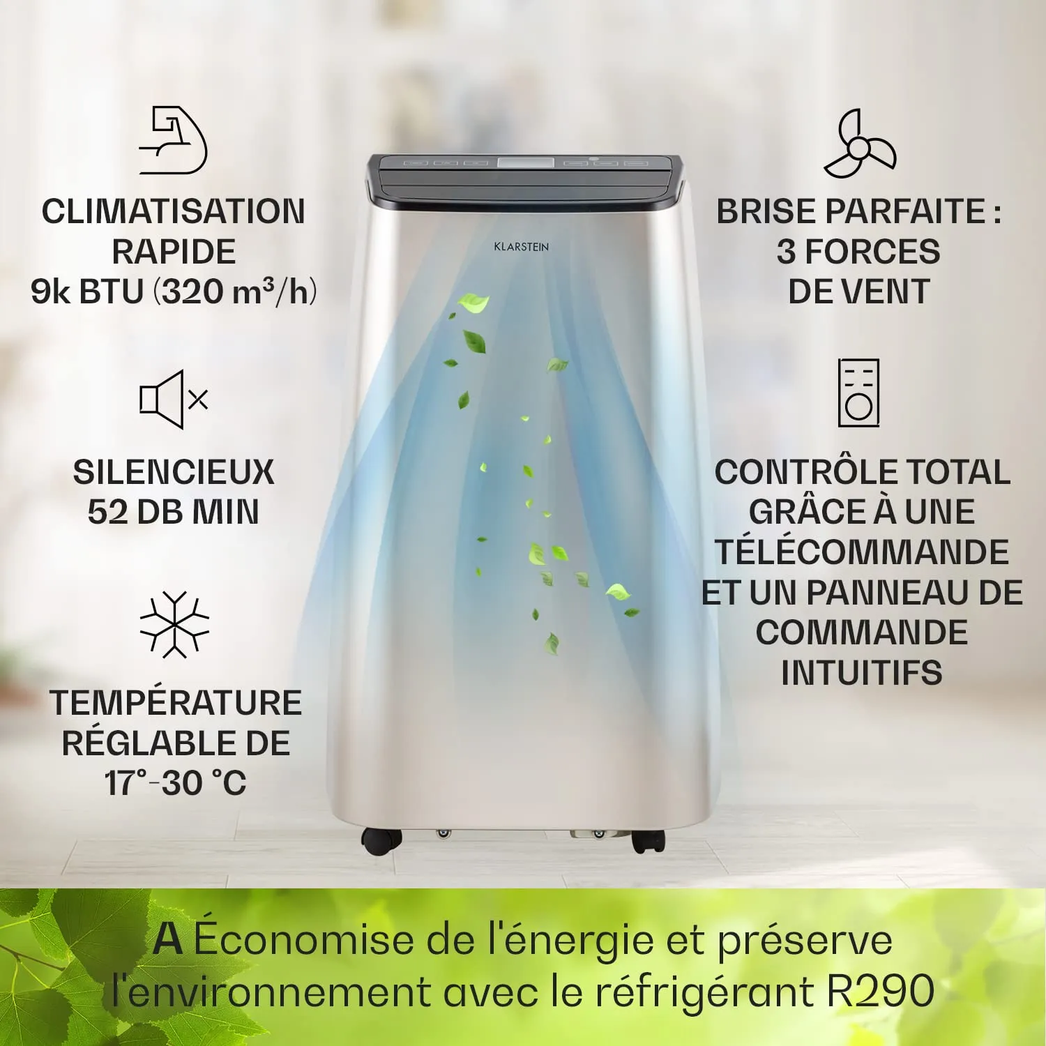 Klarstein 9000 BTU climatiseur mobile 4 en 1 26-44 m2