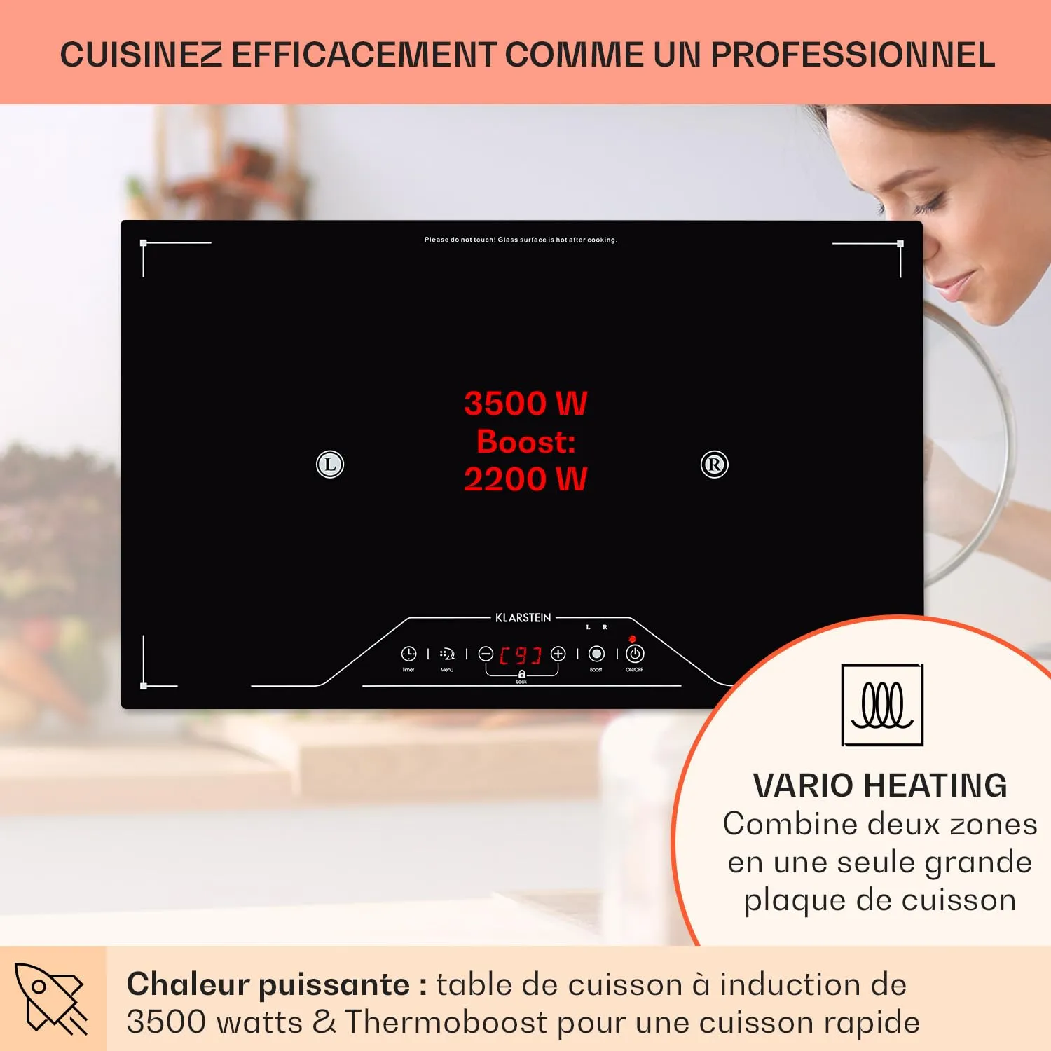 Klarstein Plaque induction encastrable 3500 W free zone