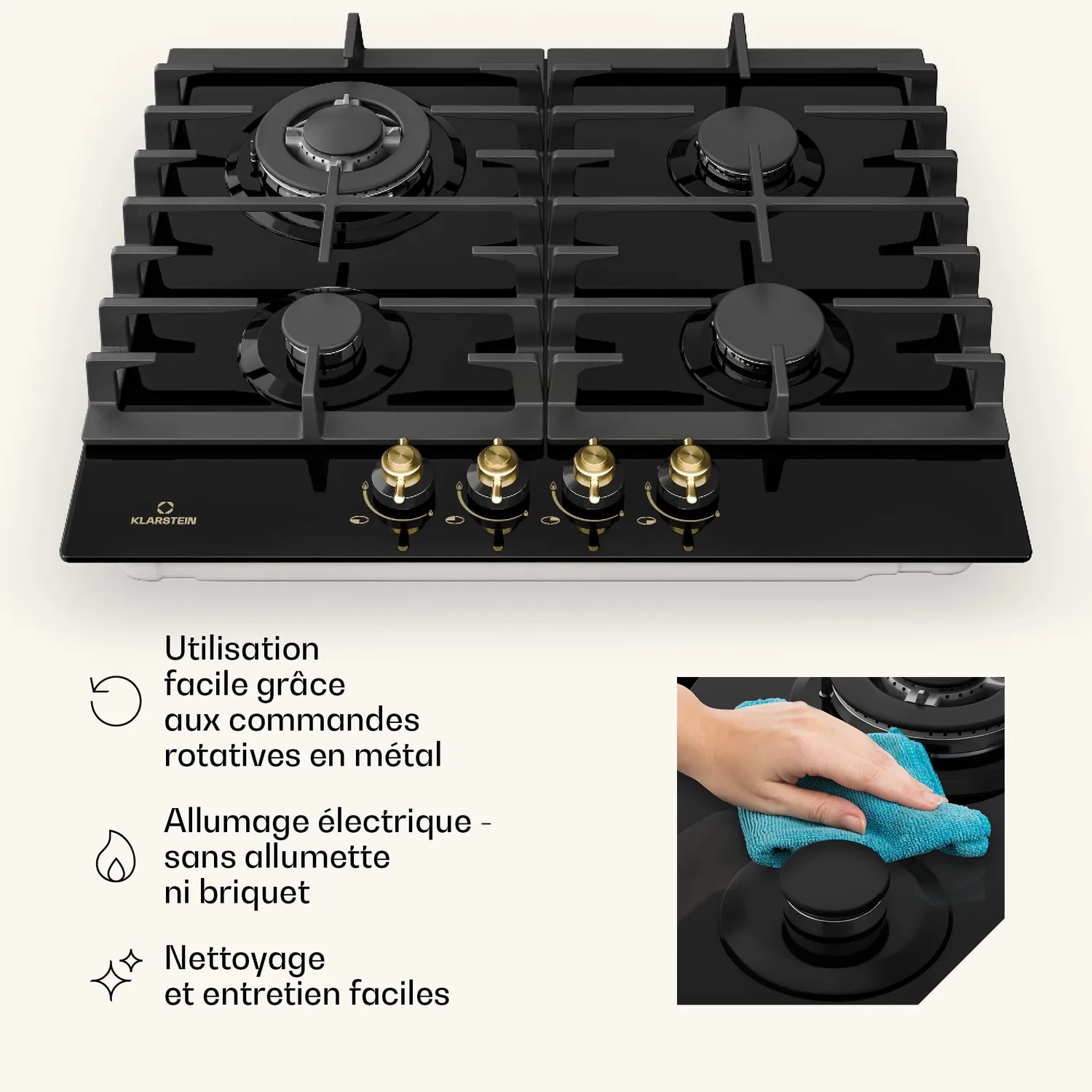 Klarstein Victoria table cuisson gaz 4 feux noir verre