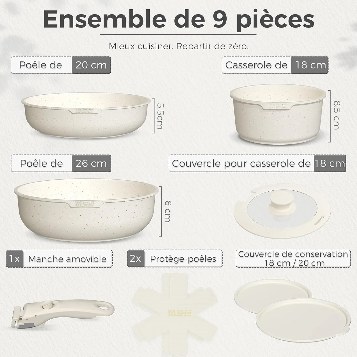 YASHE Batterie Cuisine 9 Pièces Grise Sans PFOA